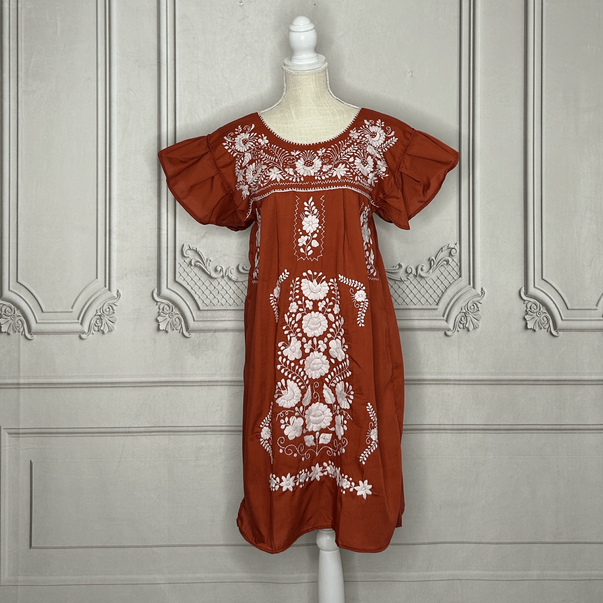 Puebla Mexican Burnt Orange Dress - Butterfly Sleeve