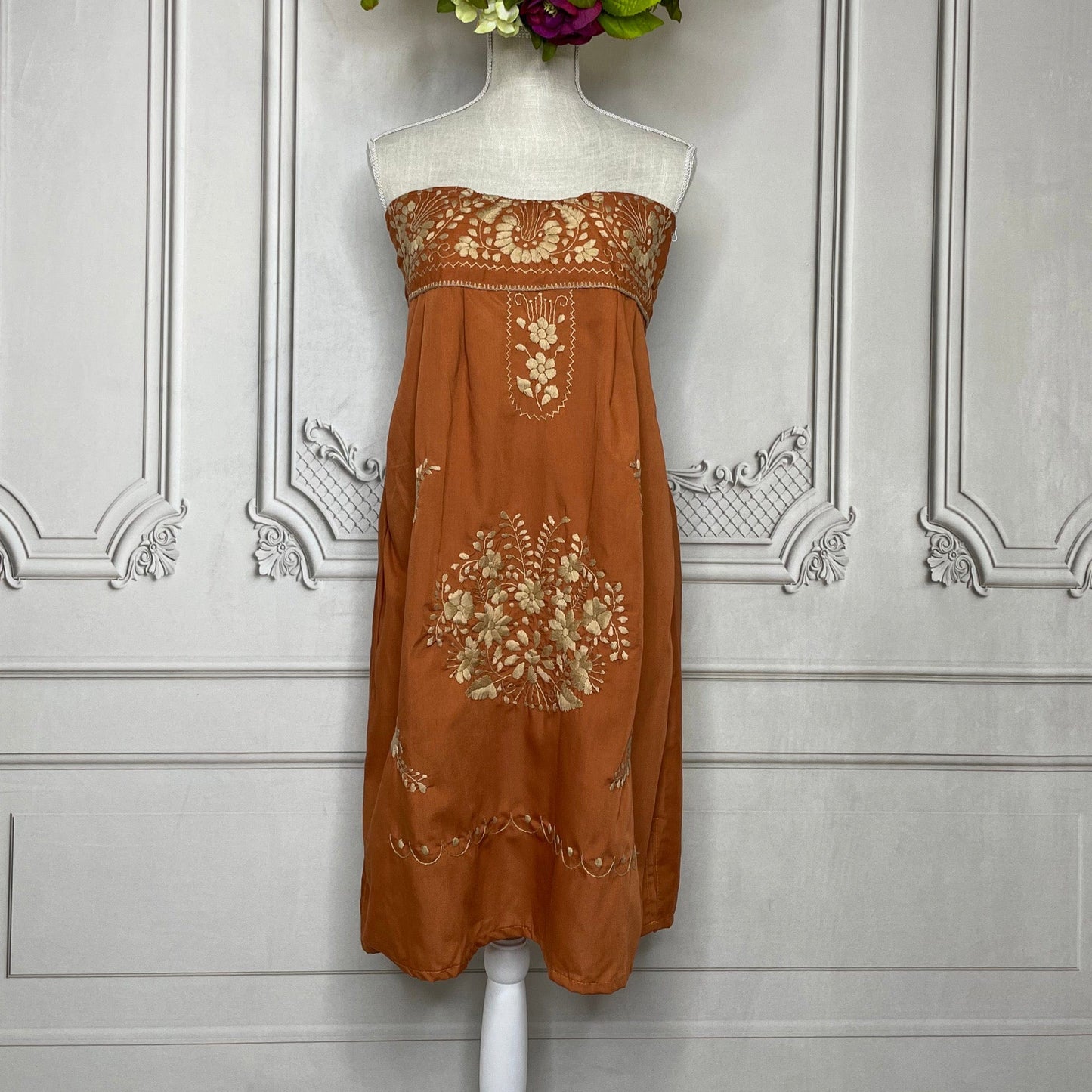 Puebla Mexican Strapless Dress  - Burnt Orange