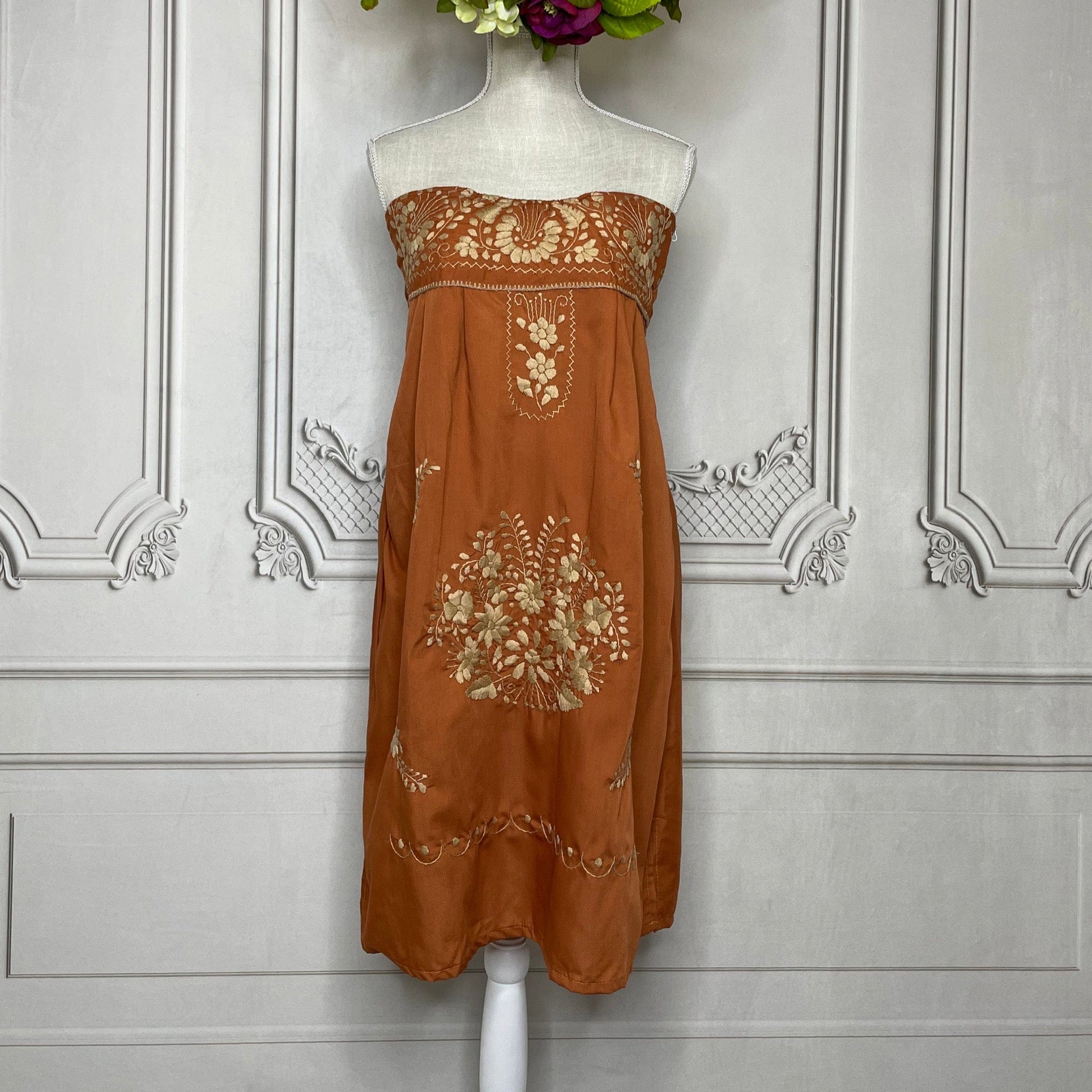 Puebla Mexican Strapless Dress  - Burnt Orange