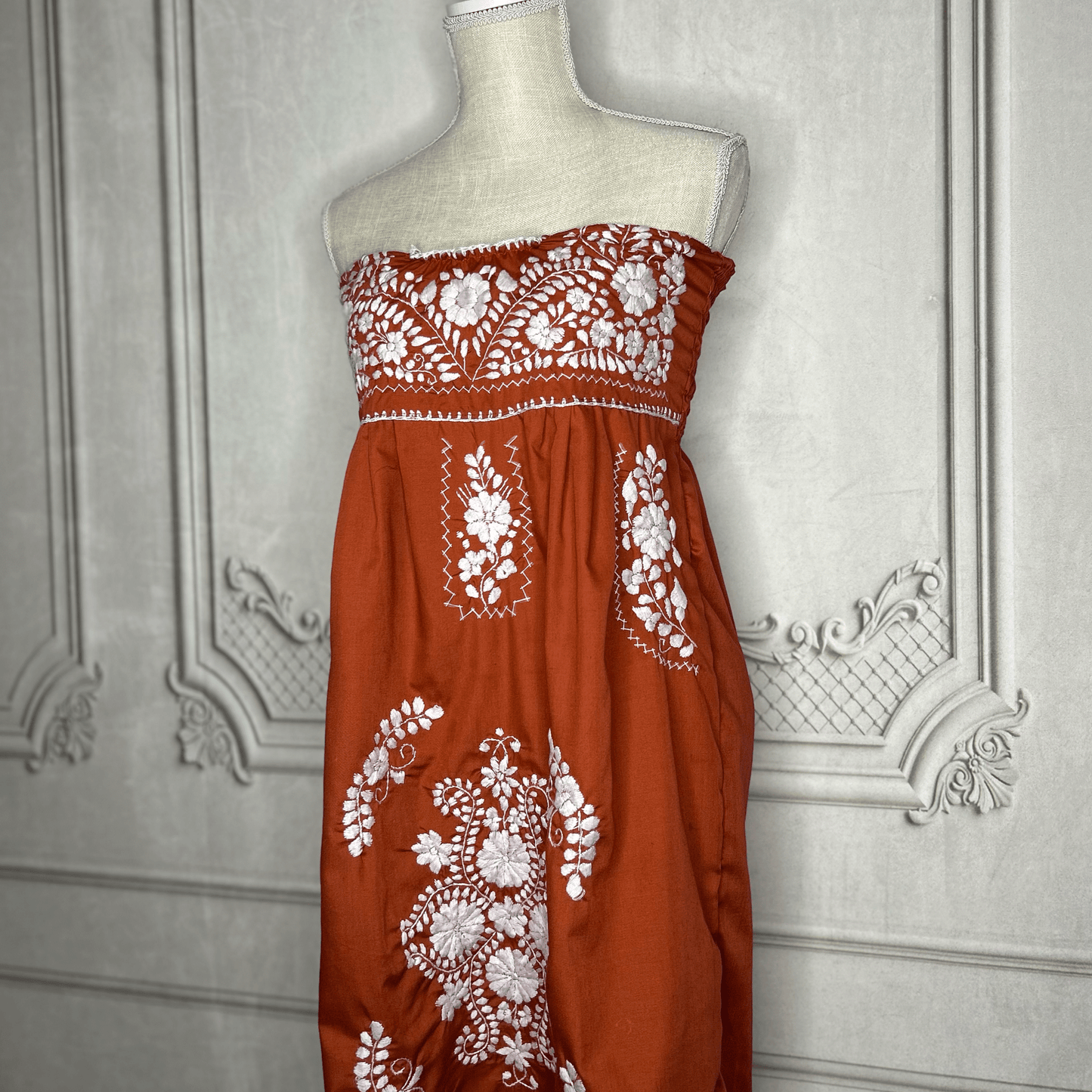 Puebla Mexican Strapless Dress  - Burnt Orange