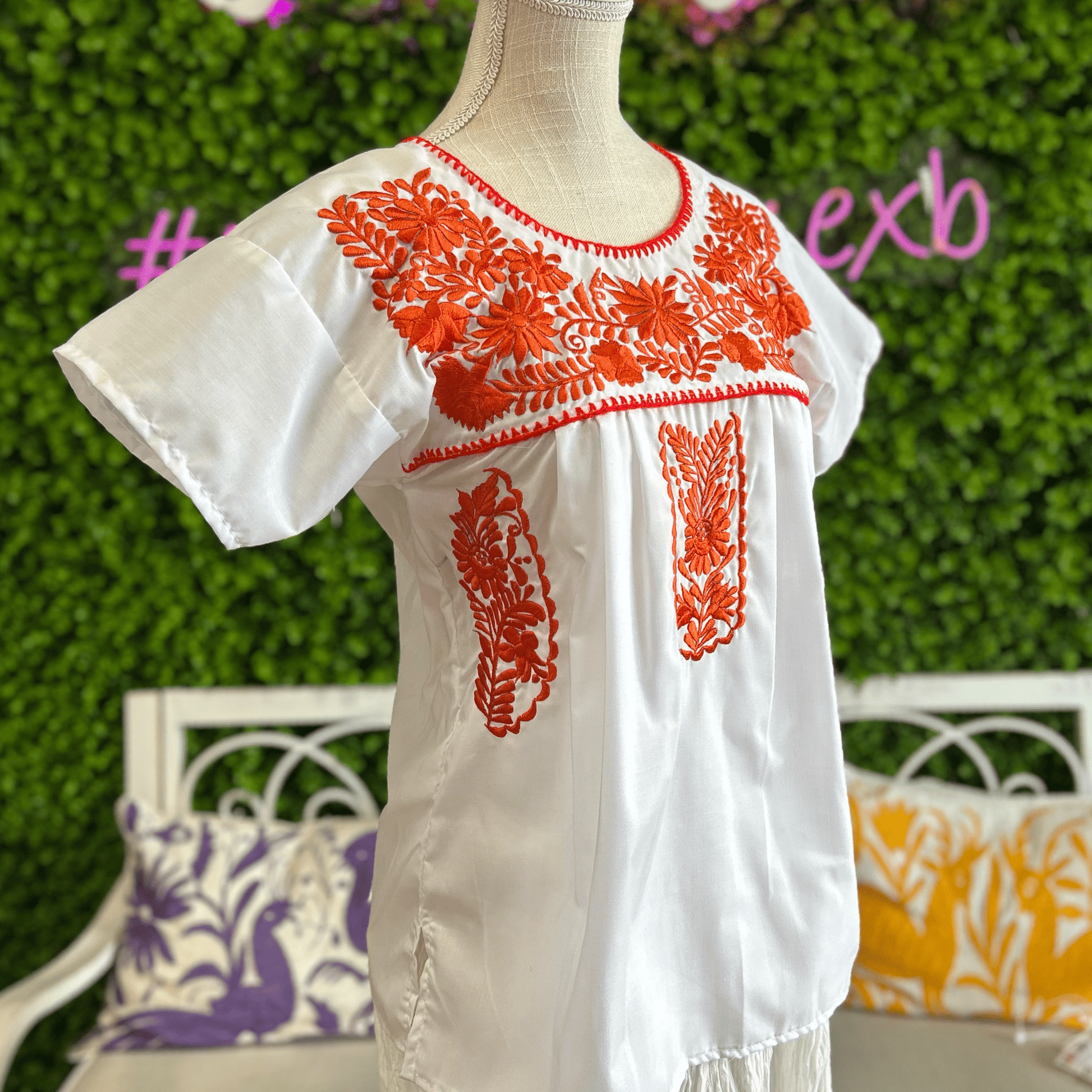 Puebla Orange and White  Embroidered Blouse Puebla Orange and White  Embroidered Blouse