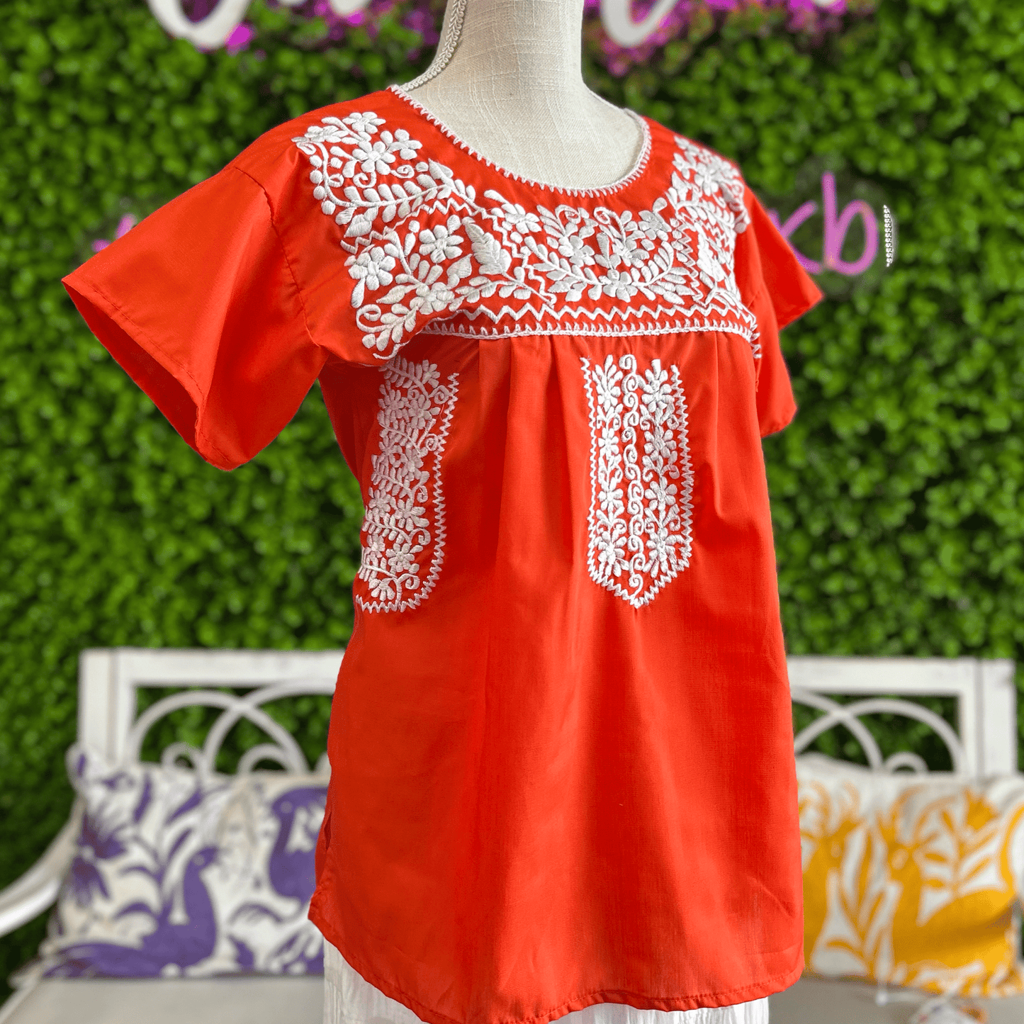 Puebla Orange and White  Embroidered Blouse Puebla Orange and White  Embroidered Blouse