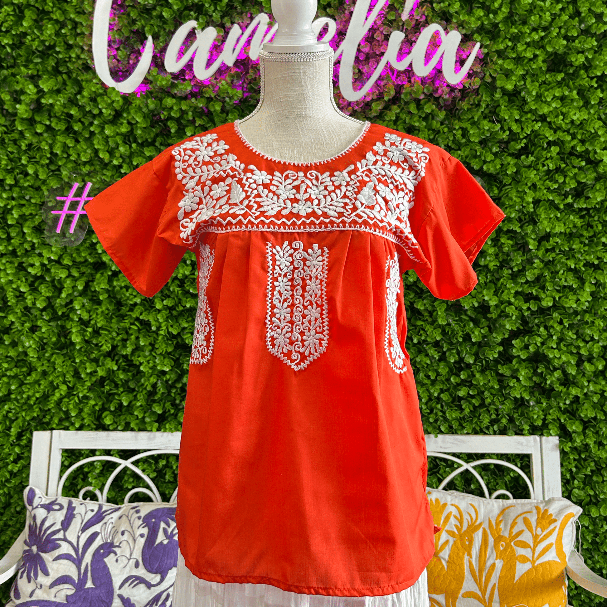 Puebla Orange and White  Embroidered Blouse Puebla Orange and White  Embroidered Blouse