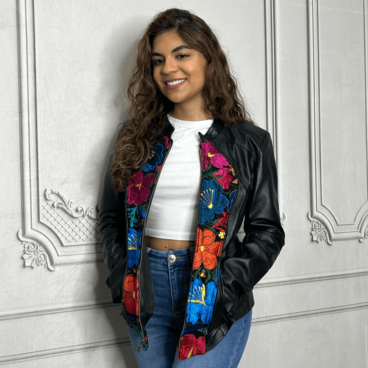 Racer Style Leather Jacket - Zinia Embroidery