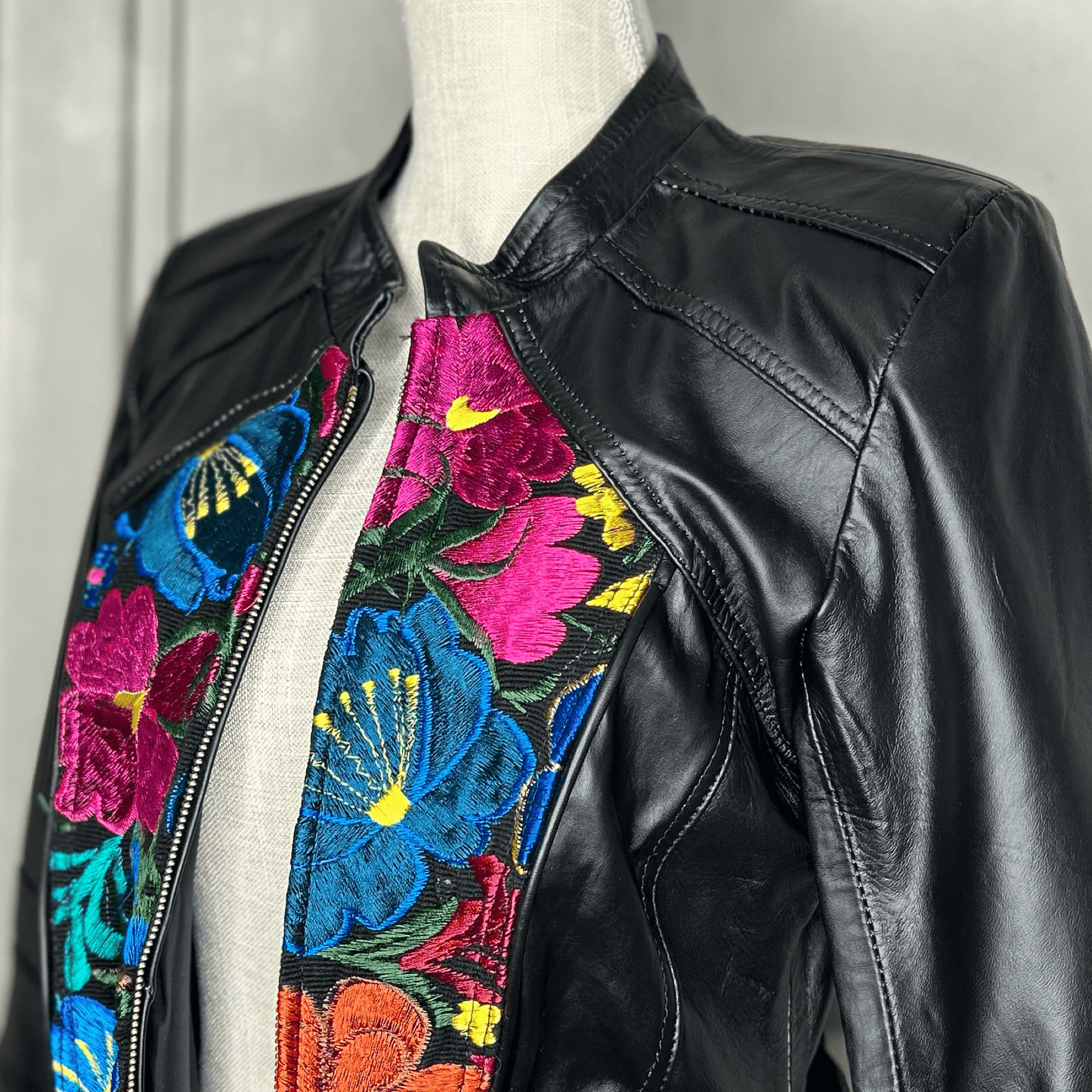 Racer Style Leather Jacket - Zinia Embroidery