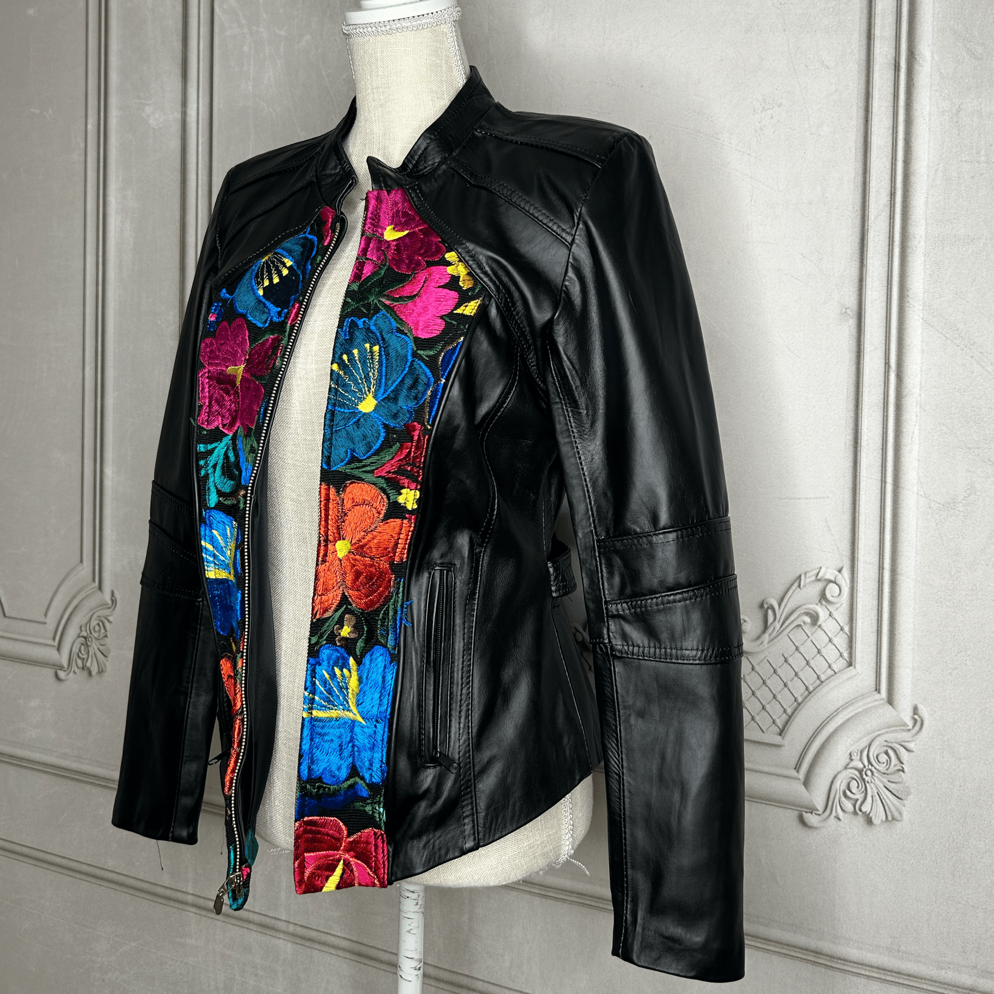 Racer Style Leather Jacket - Zinia Embroidery