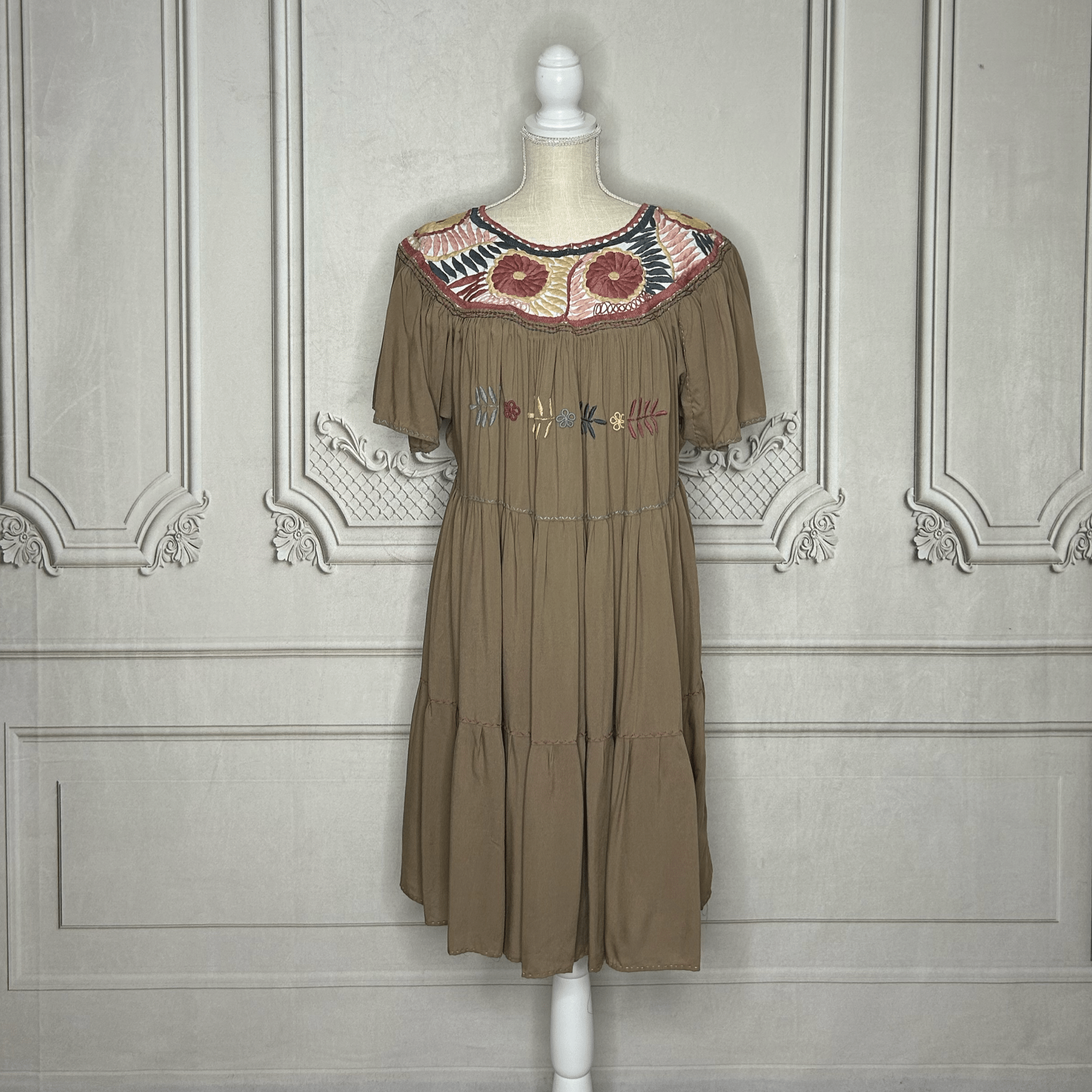 Rococo Butterfly Sleeve Tiered Midi Dress - Round Neck Rococo Butterfly Sleeve Tiered Midi Dress - Round Neck