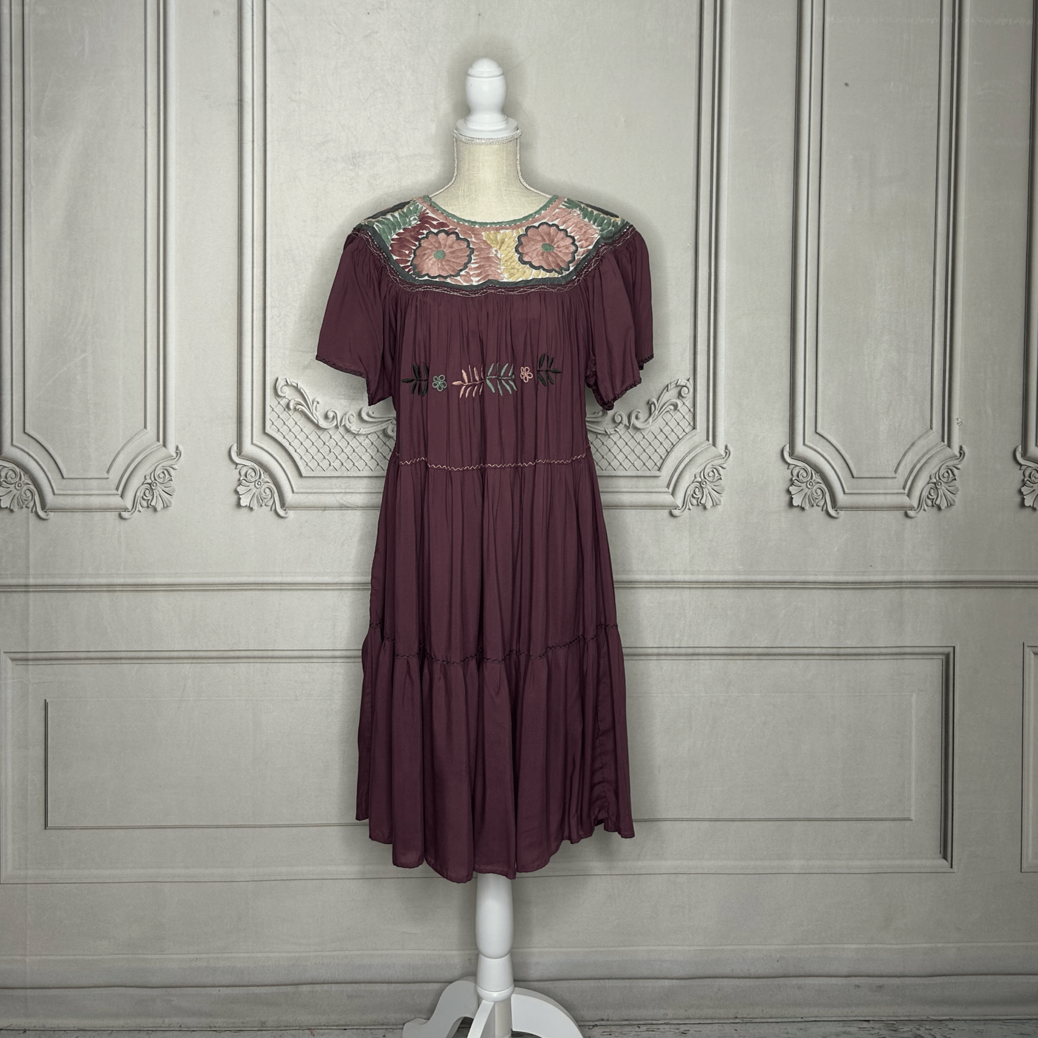 Rococo Butterfly Sleeve Tiered Midi Dress - Round Neck Rococo Butterfly Sleeve Tiered Midi Dress - Round Neck