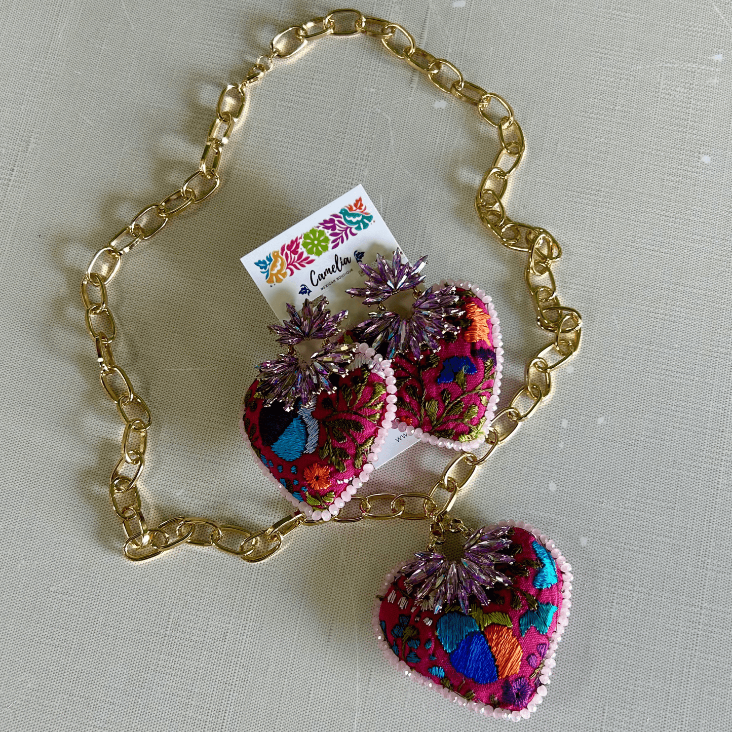 San Antonino Embroidered Heart Earrings - Crystals San Antonino Embroidered Heart Earrings - Crystals