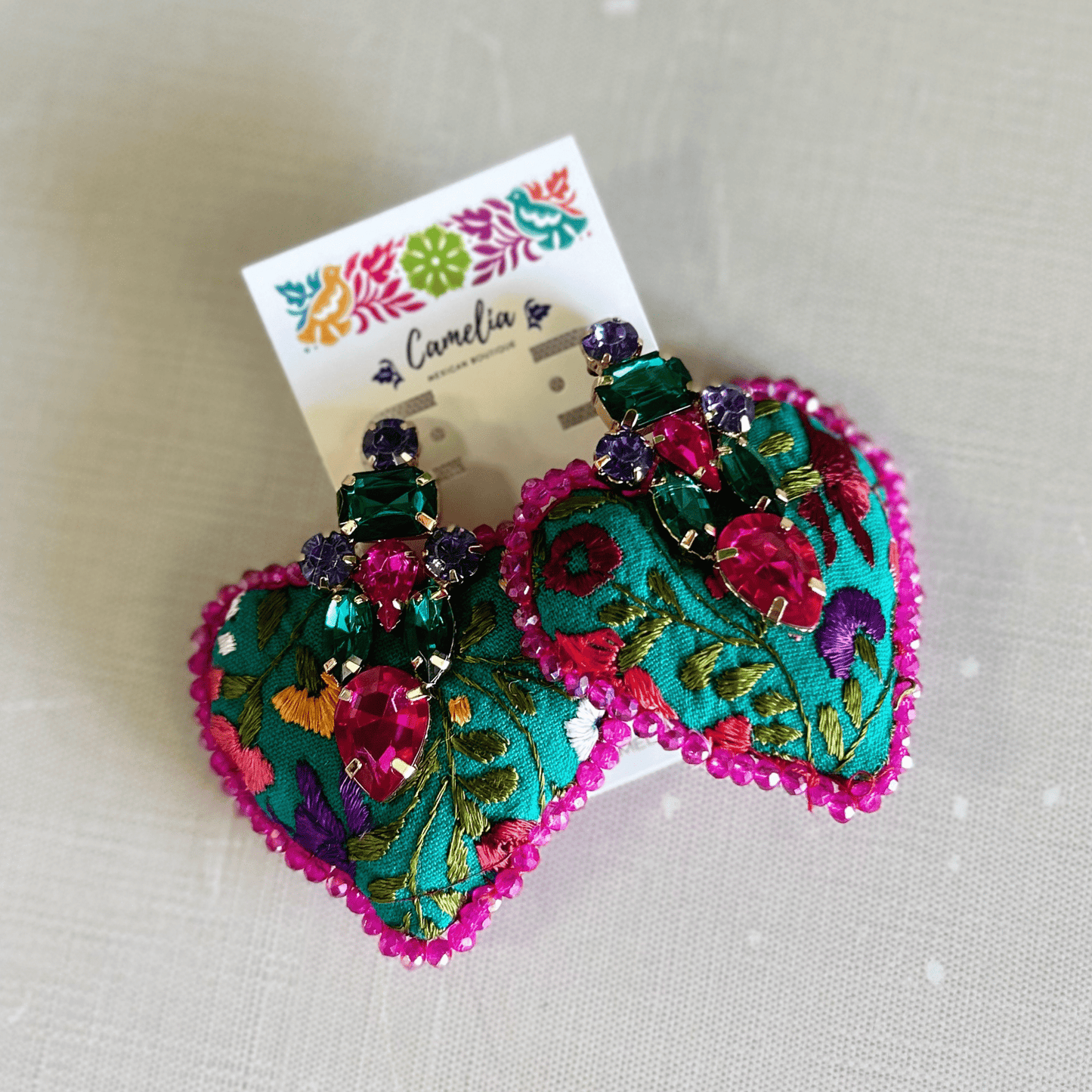 San Antonino Embroidered Heart Earrings - Crystals San Antonino Embroidered Heart Earrings - Crystals