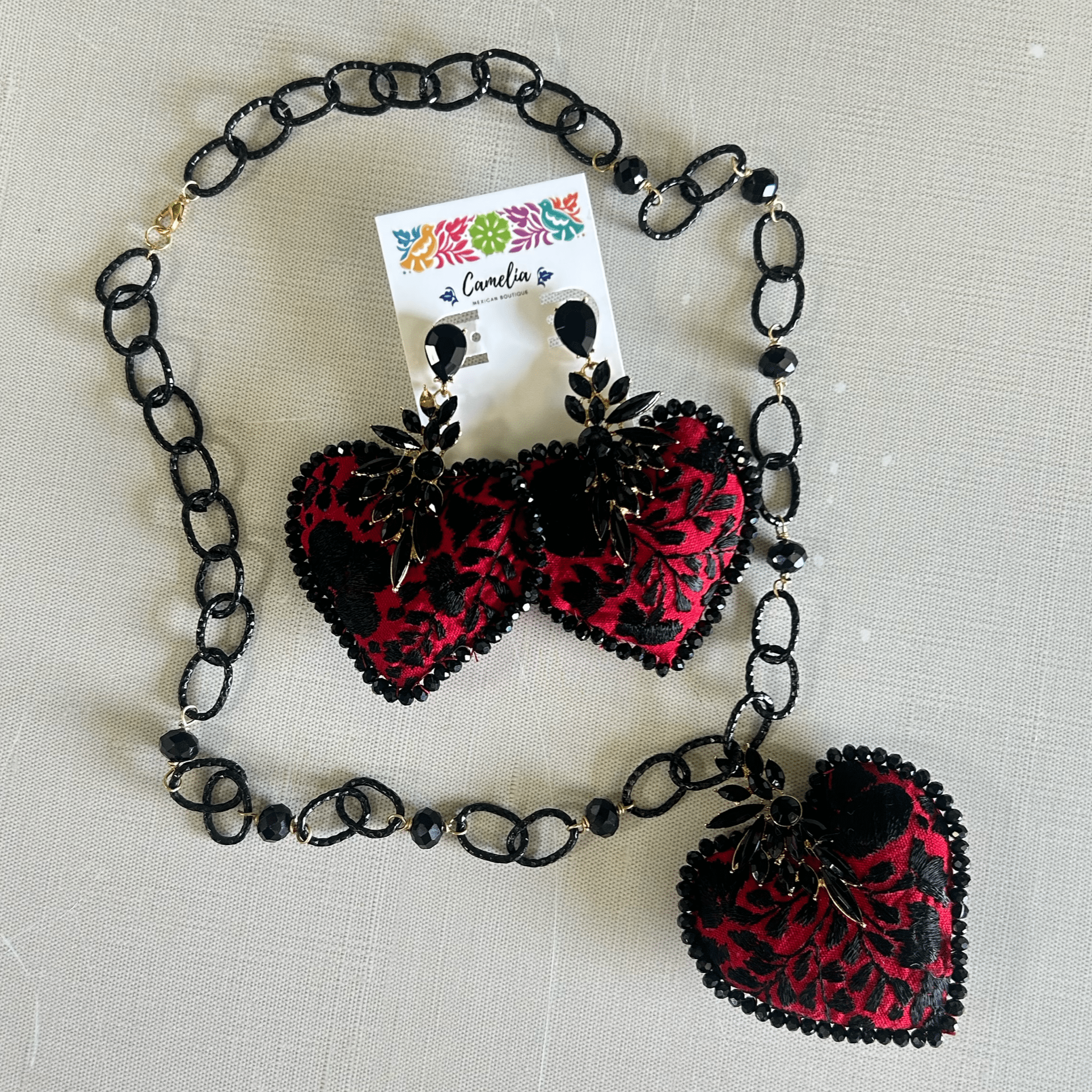 San Antonino Embroidered Heart Earrings - Crystals San Antonino Embroidered Heart Earrings - Crystals