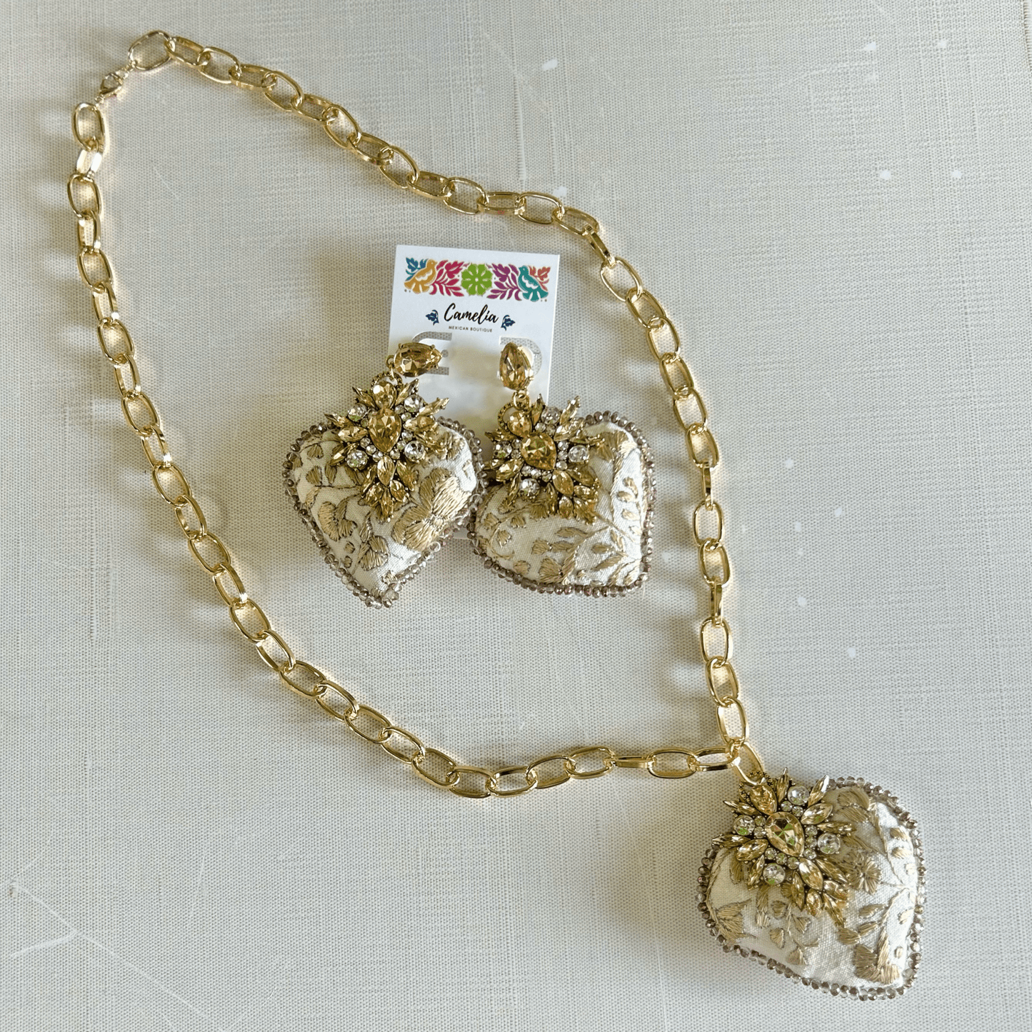 San Antonino Embroidered Heart Earrings - Crystals San Antonino Embroidered Heart Earrings - Crystals