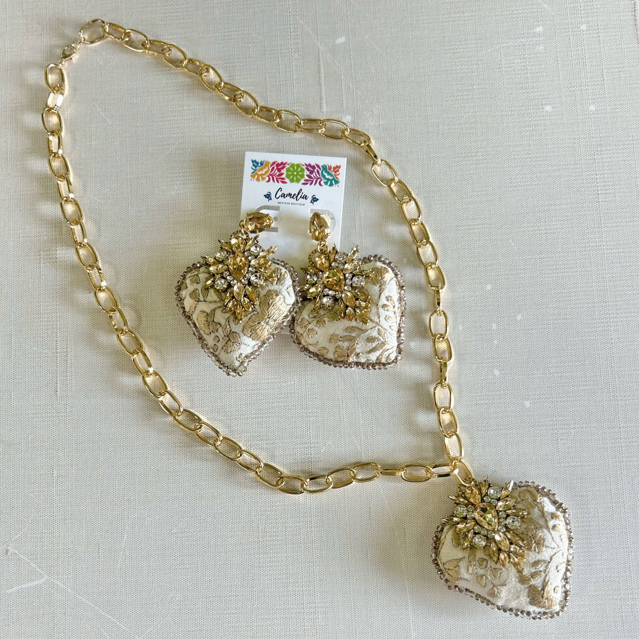 San Antonino Embroidered Heart Earrings - Crystals San Antonino Embroidered Heart Earrings - Crystals