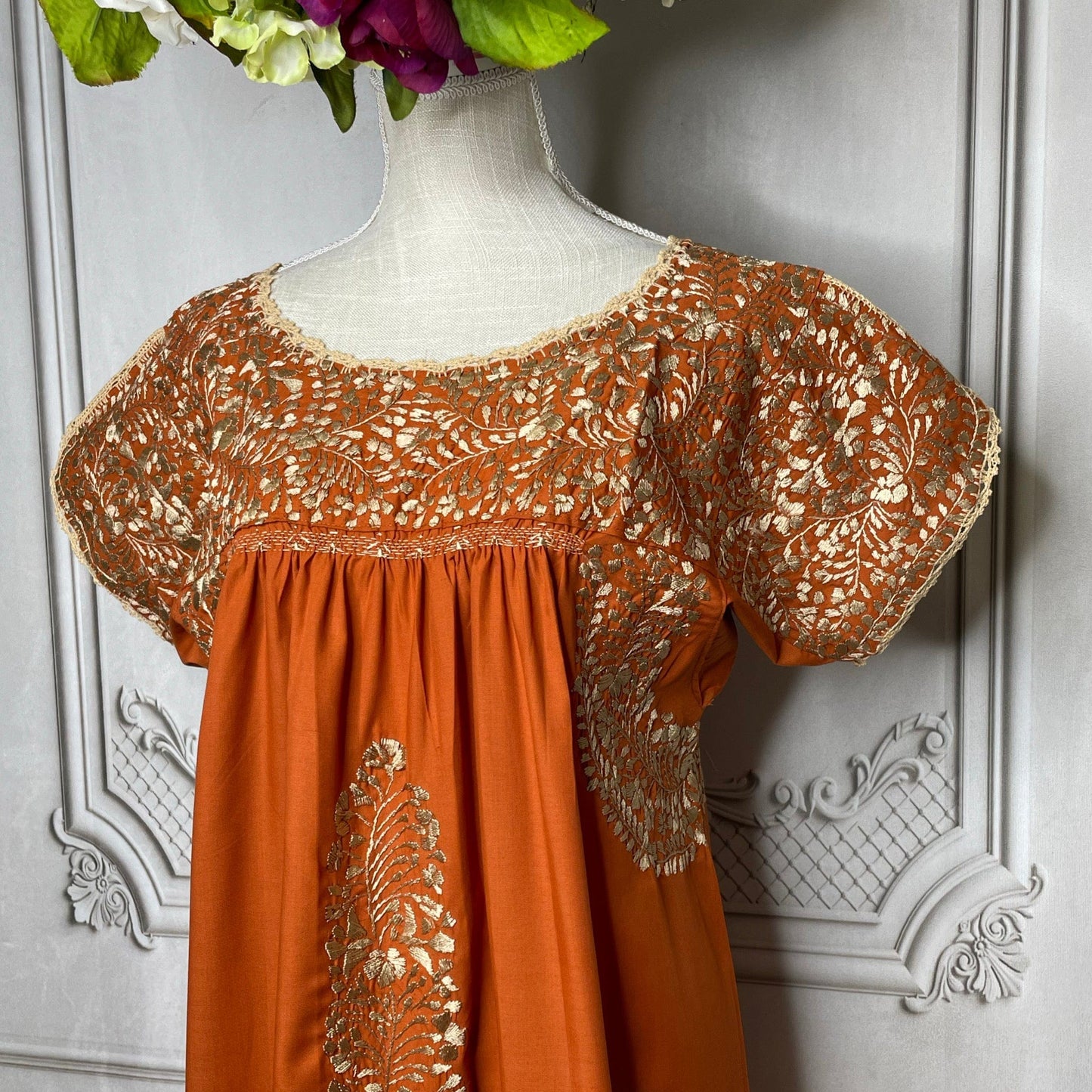 San Antonino Gala Mexican Dress - Burnt Orange Long