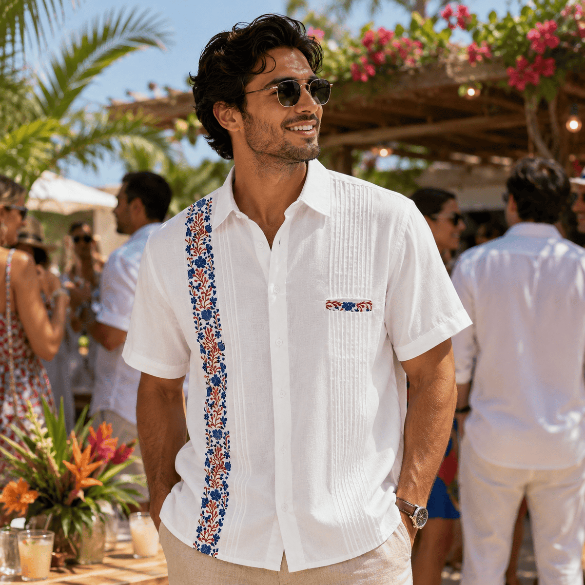 San Antonino Men's Linen Guayabera - Orange Blue San Antonino Men's Linen Guayabera - Orange Blue