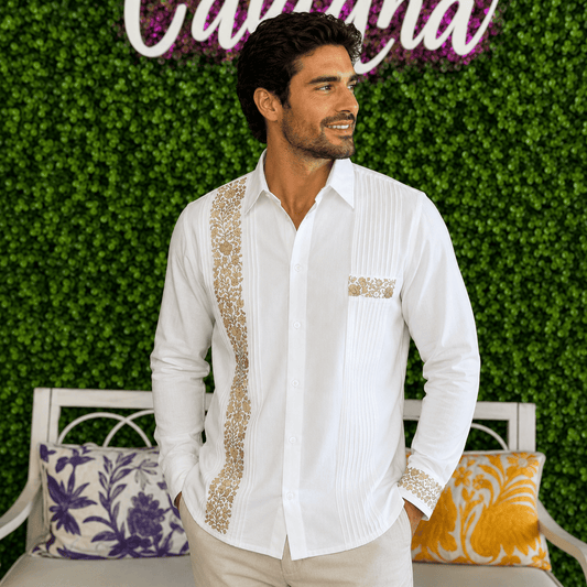 San Antonino Men's Long Sleeve Linen Guayabera - Gold San Antonino Men's Long Sleeve Linen Guayabera - Gold