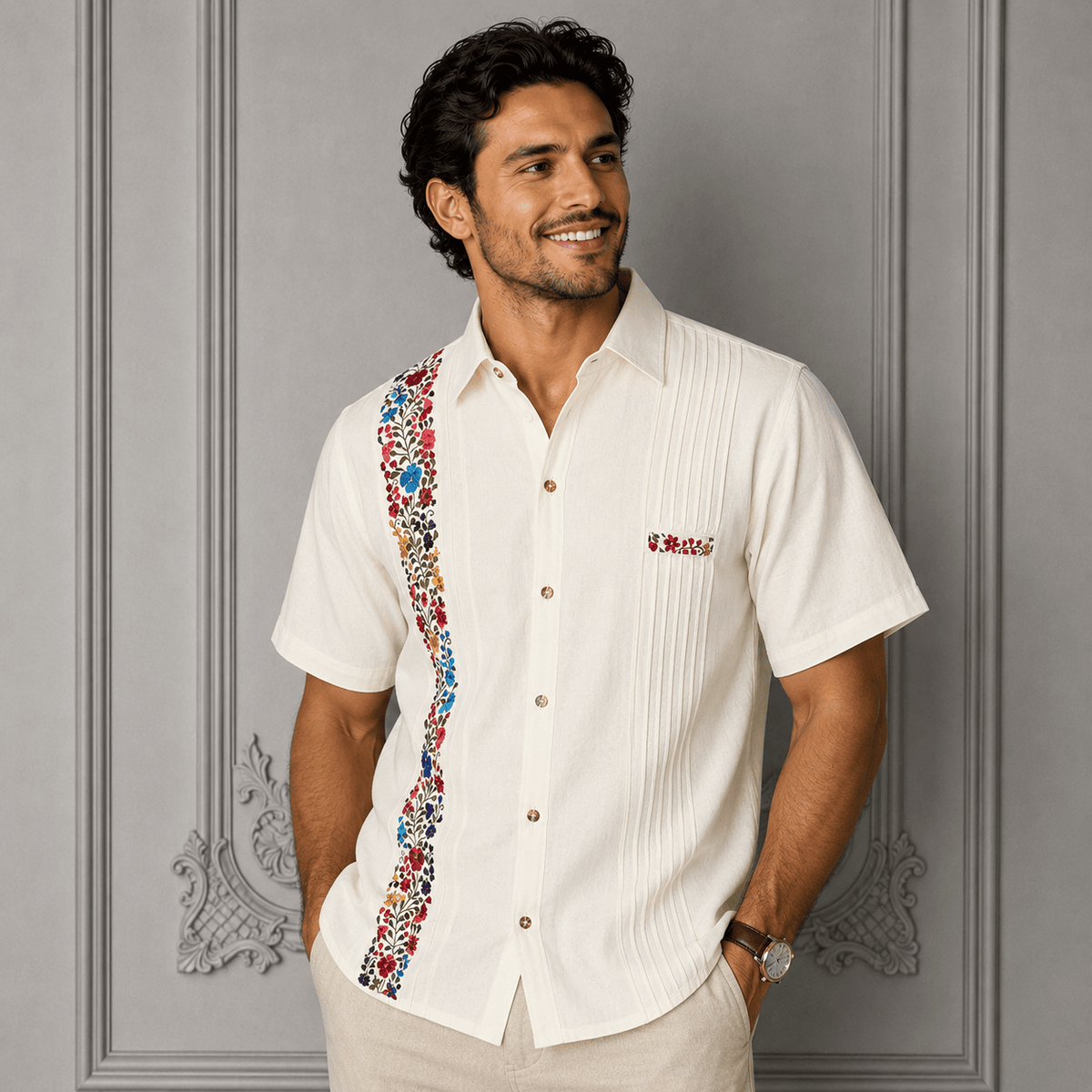 San Antonino Men's Short Sleeve Cotton Guayabera - Multi San Antonino Men's Short Sleeve Cotton Guayabera - Multi