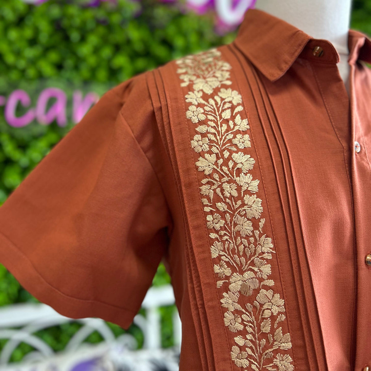 San Antonino Men's Short Sleeve Linen Guayabera - Burnt Orange San Antonino Men's Short Sleeve Linen Guayabera - Burnt Orange
