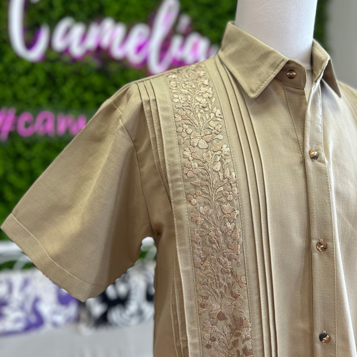 San Antonino Men's Short Sleeve Linen Guayabera - Khaki San Antonino Men's Short Sleeve Linen Guayabera - Khaki