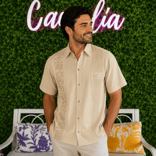 San Antonino Men's Short Sleeve Linen Guayabera - Khaki San Antonino Men's Short Sleeve Linen Guayabera - Khaki