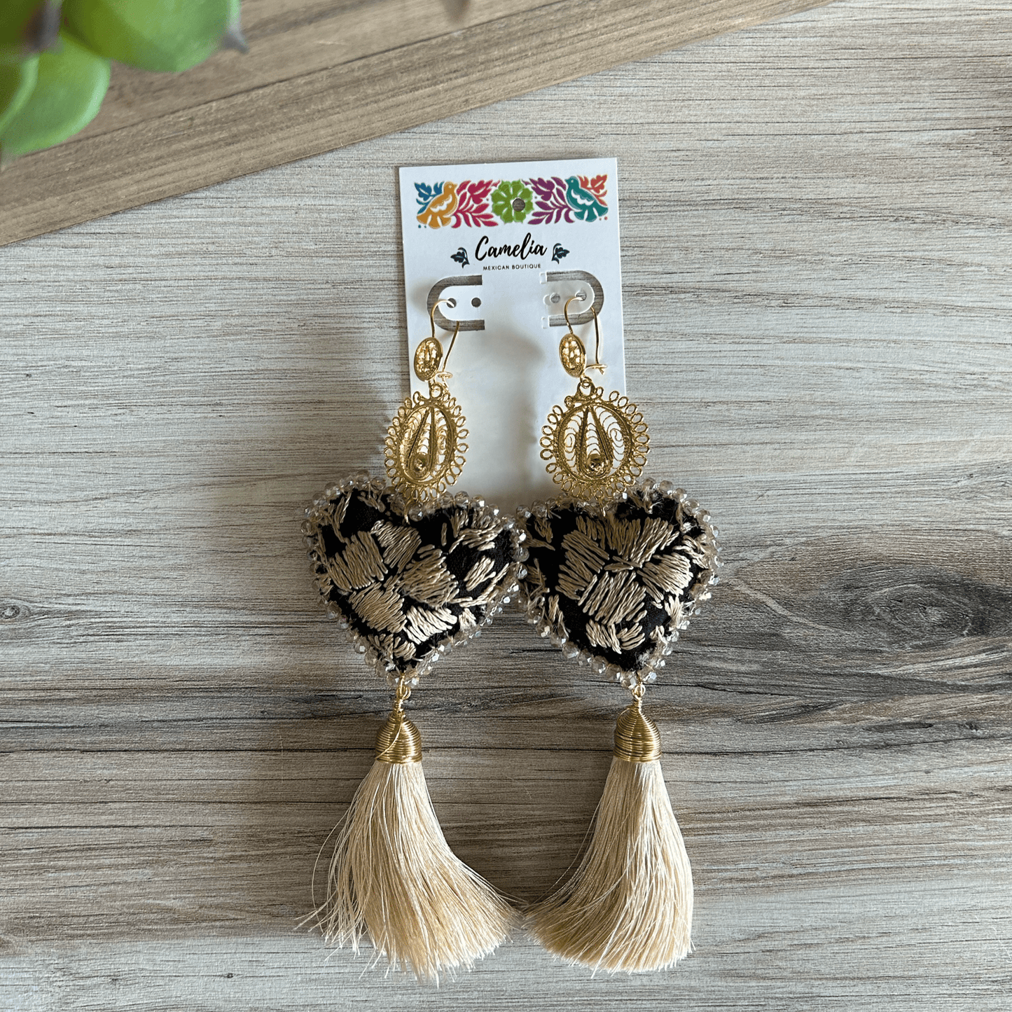 San Antonino Mexican Embroidered Heart Earrings - Golden Black