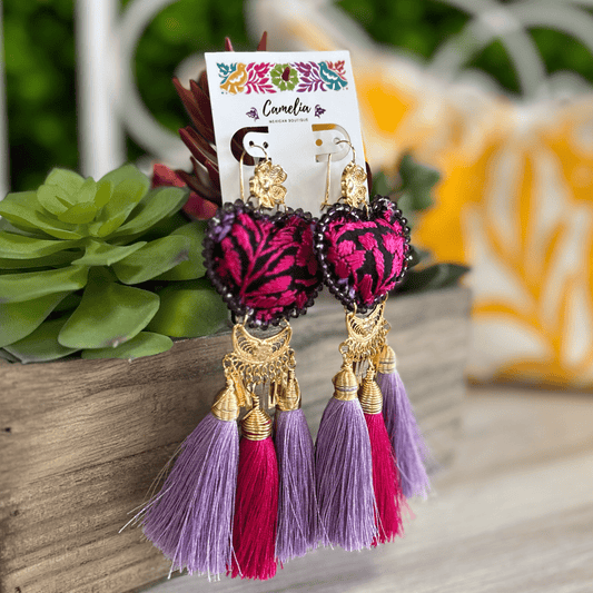 San Antonino Mexican Embroidered Heart Earrings - Lilac Pink