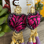 San Antonino Mexican Embroidered Heart Earrings - Lilac Pink