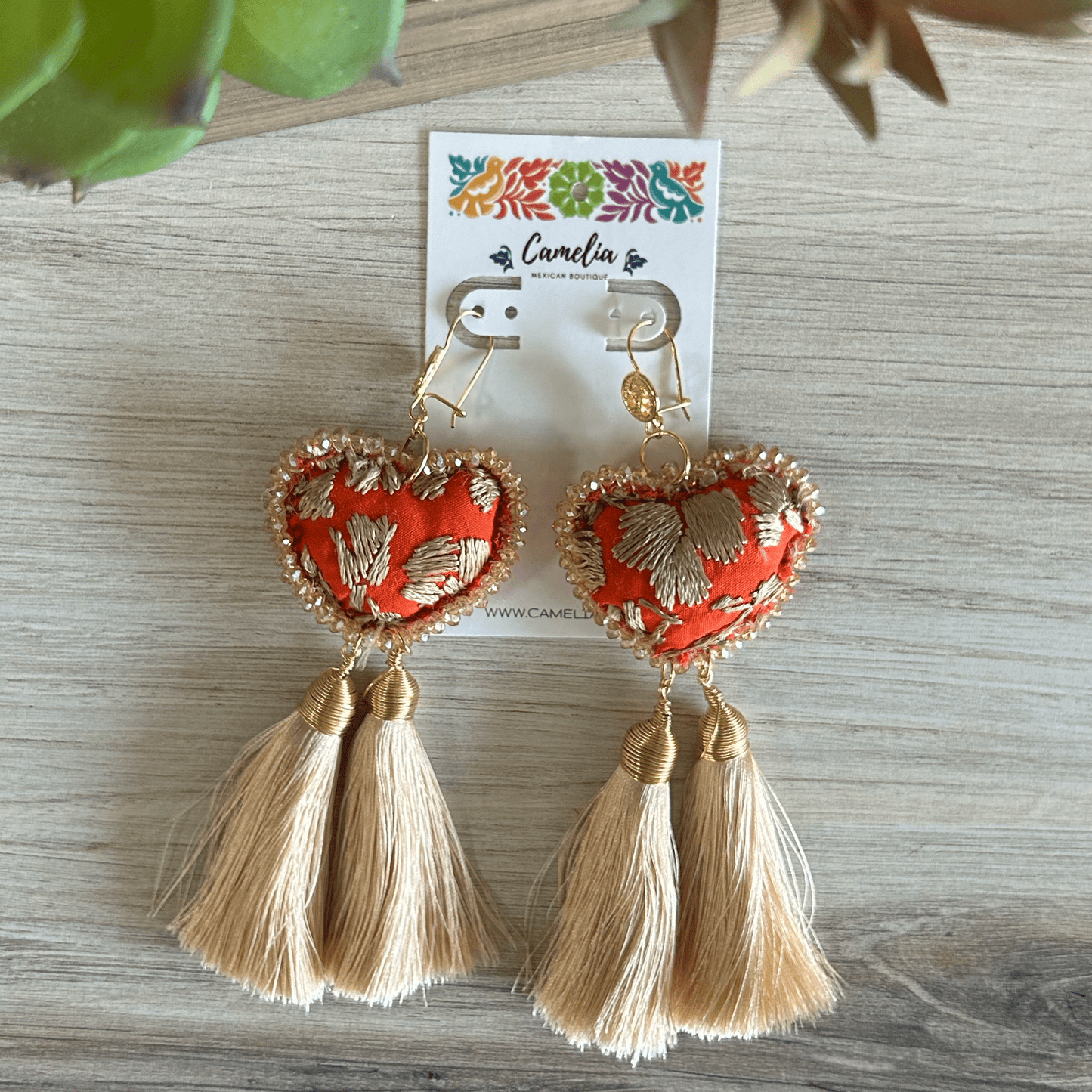 San Antonino Mexican Embroidered Heart Earrings - Orange Gold