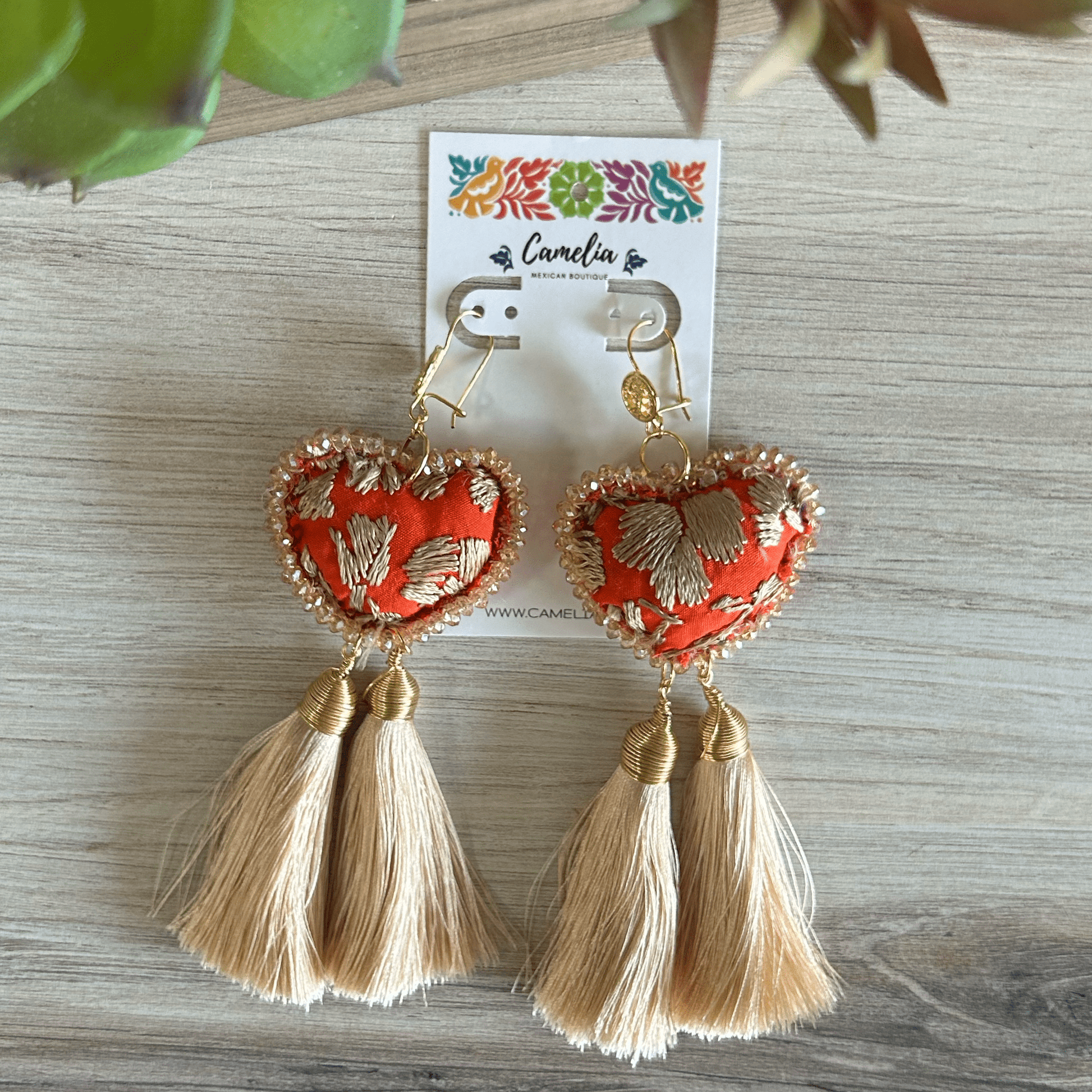 San Antonino Mexican Embroidered Heart Earrings - Orange Gold