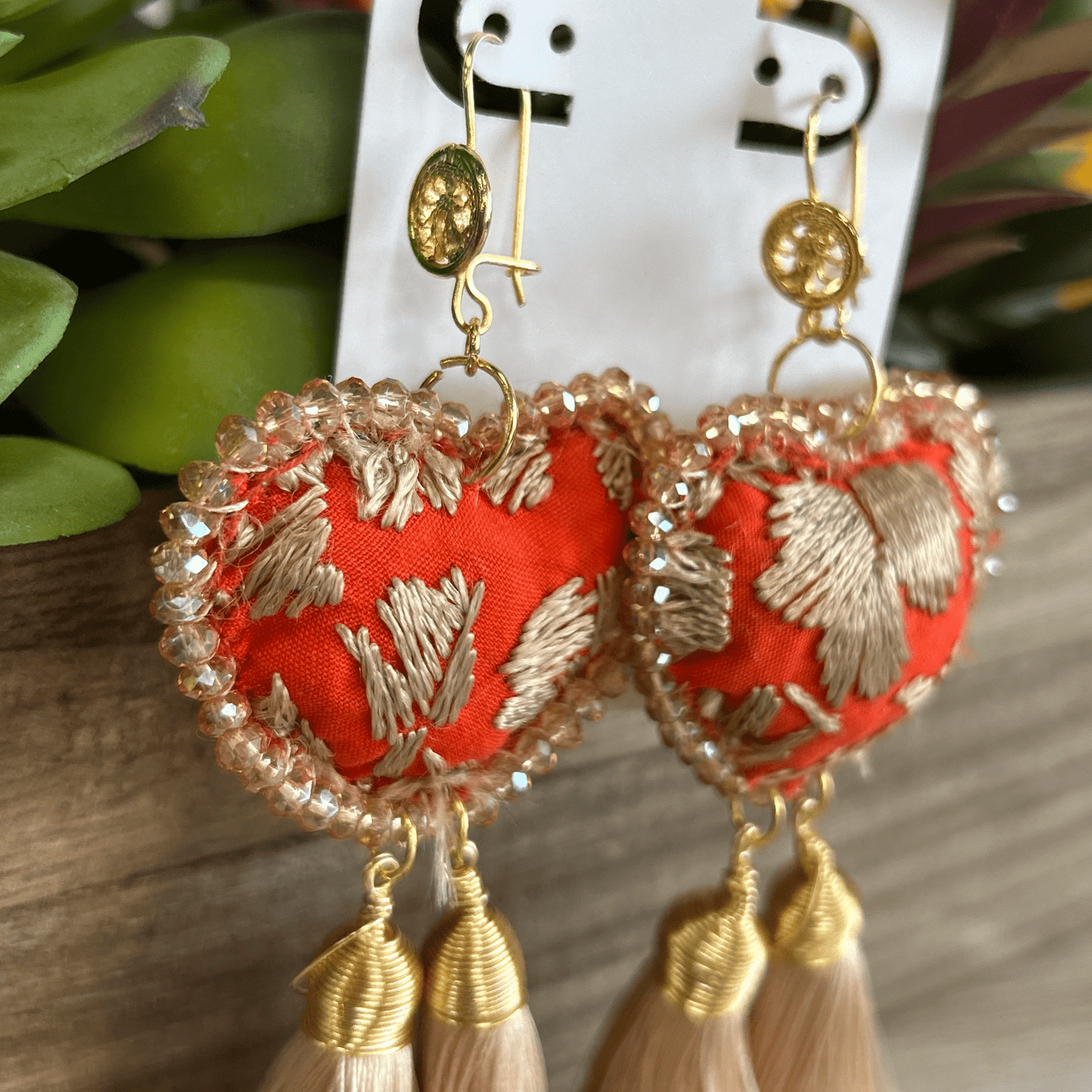 San Antonino Mexican Embroidered Heart Earrings - Orange Gold