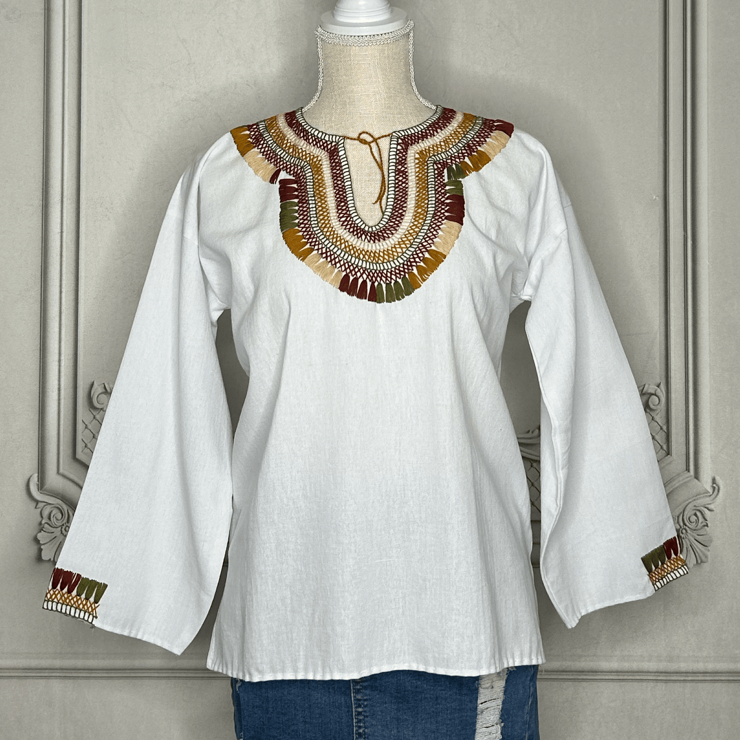 Tassel Motif Mexican Tunic Blouse