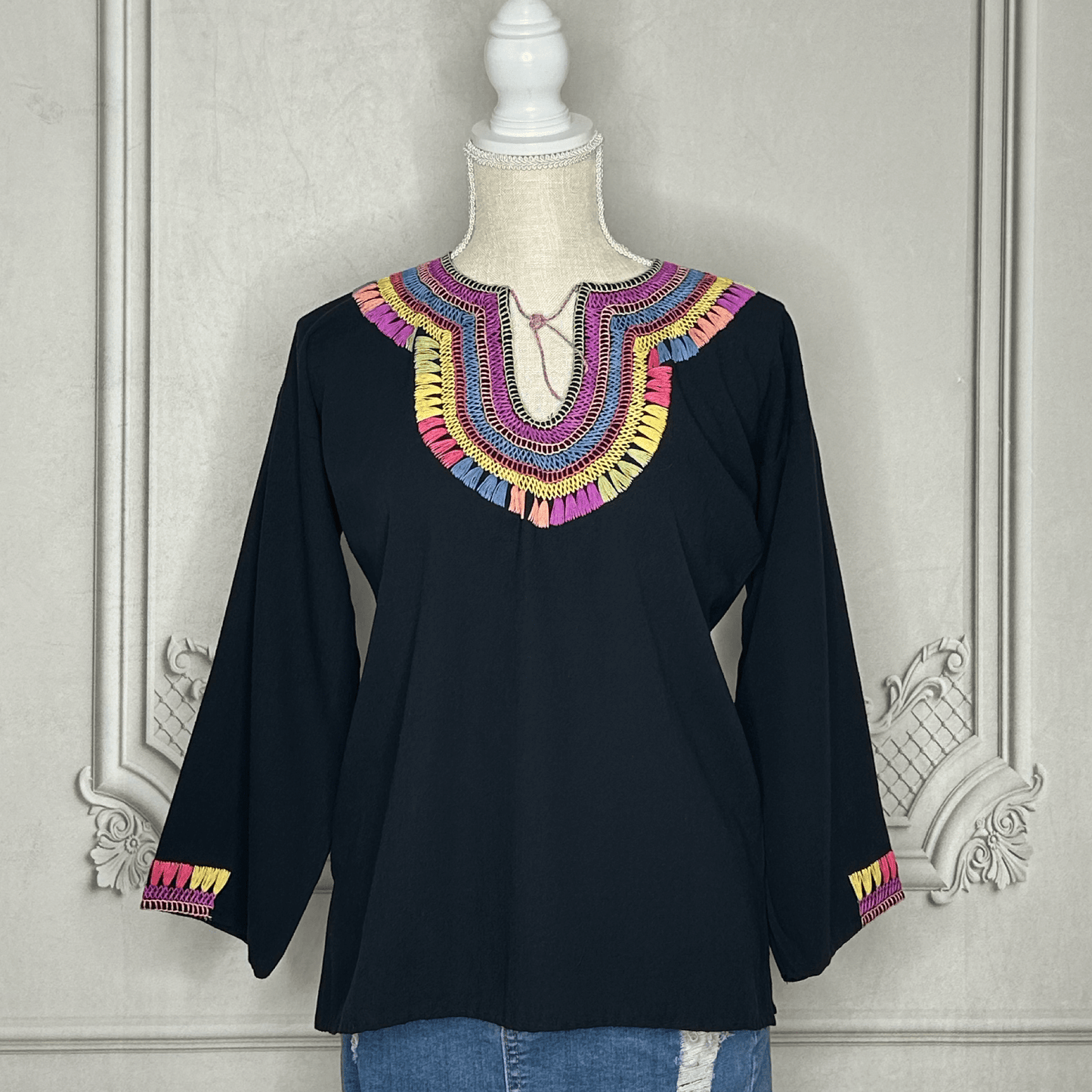 Tassel Motif Mexican Tunic Blouse