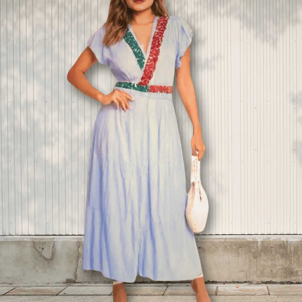 Tri-Color Butterfly Sleeve Tiered Midi Dress - VIVA MEXCIO Tri-Color Butterfly Sleeve Tiered Midi Dress - VIVA MEXCIO