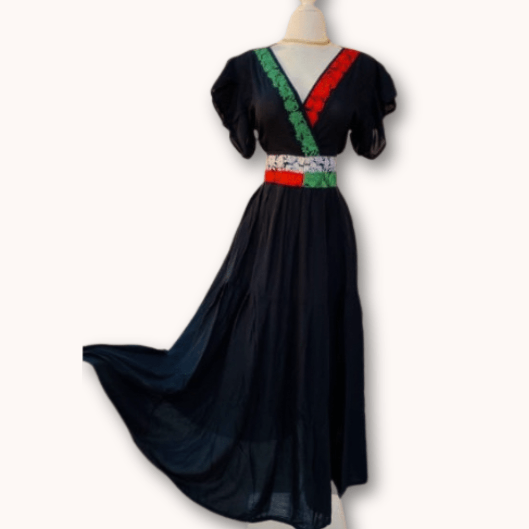 Tri-Color Butterfly Sleeve Tiered Midi Dress - VIVA MEXCIO Tri-Color Butterfly Sleeve Tiered Midi Dress - VIVA MEXCIO