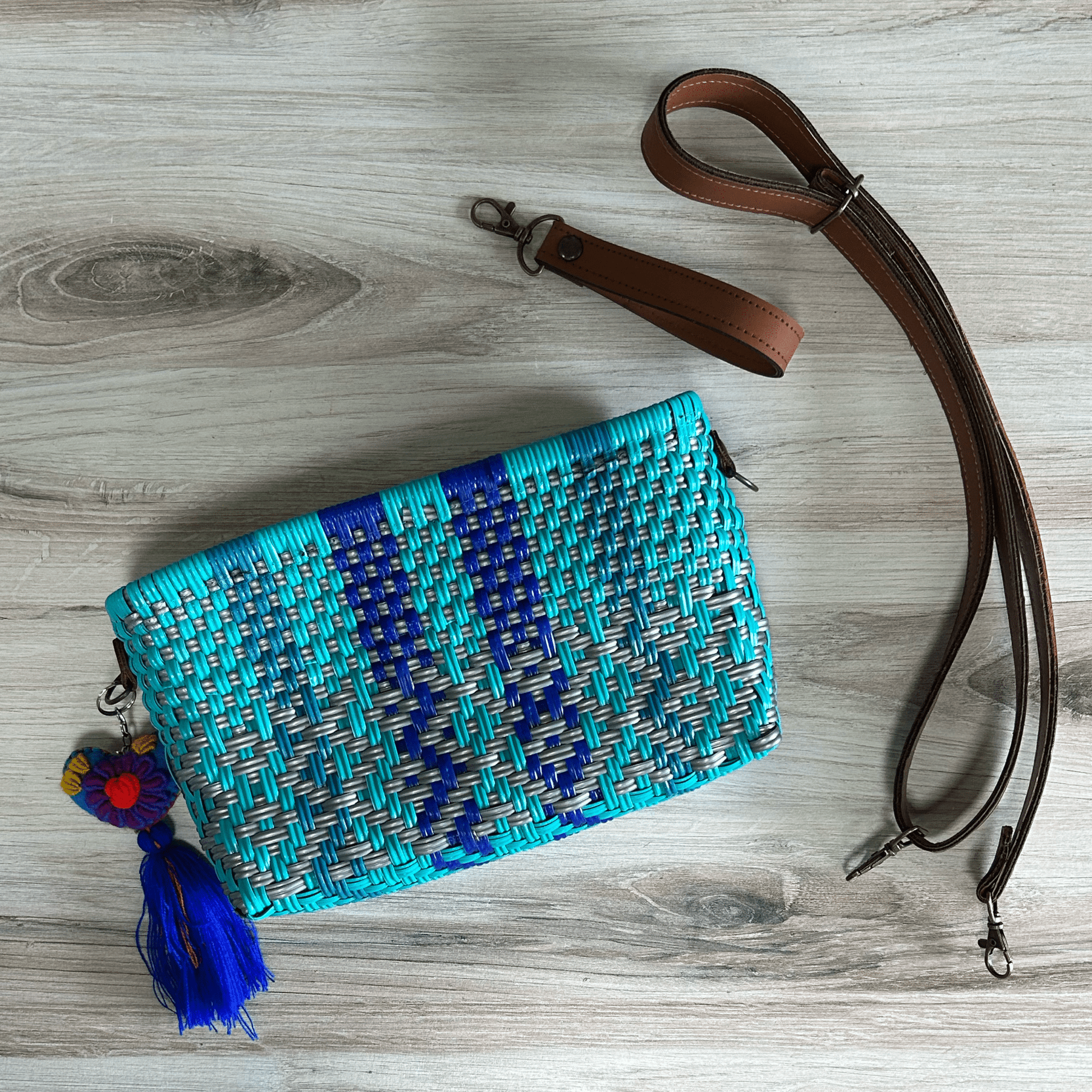 Upcycled Handwoven Crossbody Convertible -  Blue Jay Upcycled Handwoven Crossbody Convertible -  Blue Jay