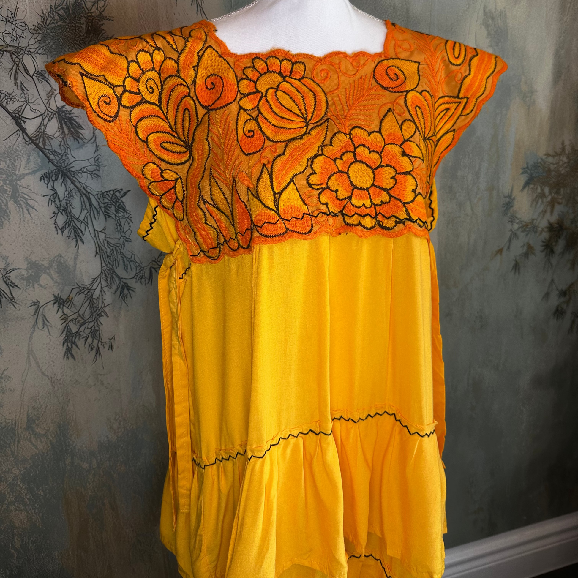 Zinacantan Embroidered Midi Rayon Dress With Tiered Ruffles Zinacantan Embroidered Midi Rayon Dress With Tiered Ruffles