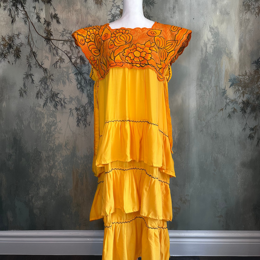 Zinacantan Embroidered Midi Rayon Dress With Tiered Ruffles Zinacantan Embroidered Midi Rayon Dress With Tiered Ruffles