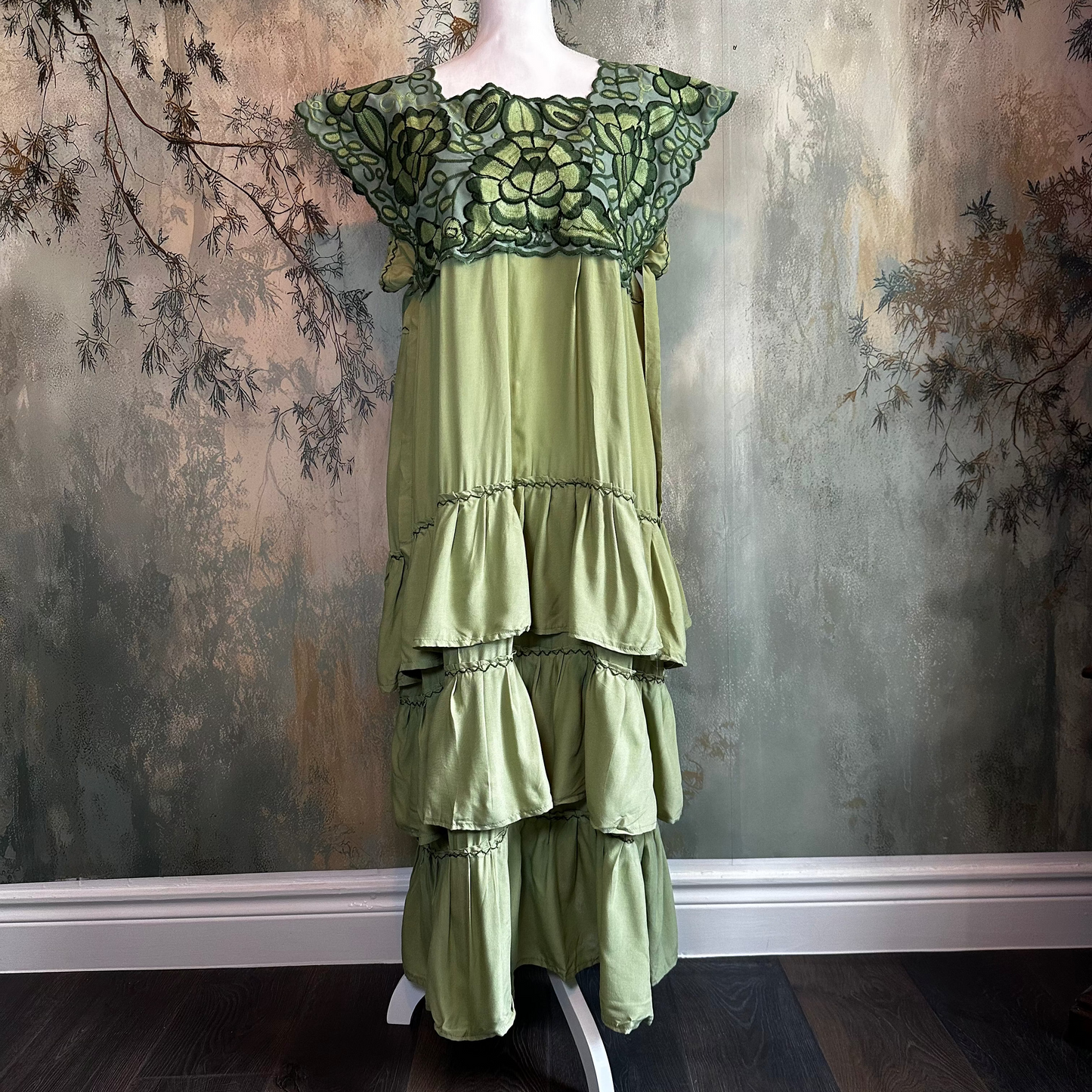 Zinacantan Embroidered Midi Rayon Dress With Tiered Ruffles Zinacantan Embroidered Midi Rayon Dress With Tiered Ruffles