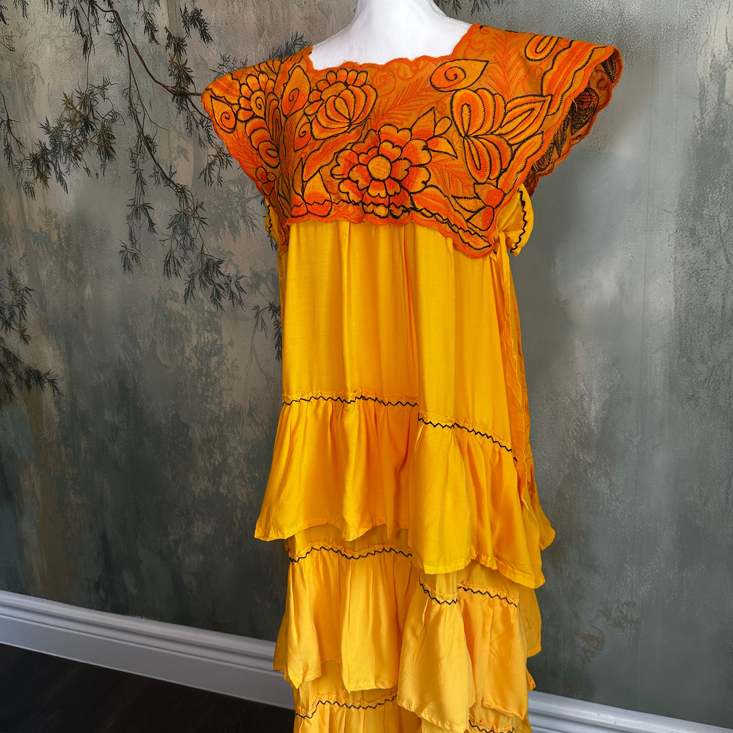 Zinacantan Embroidered Midi Rayon Dress With Tiered Ruffles Zinacantan Embroidered Midi Rayon Dress With Tiered Ruffles