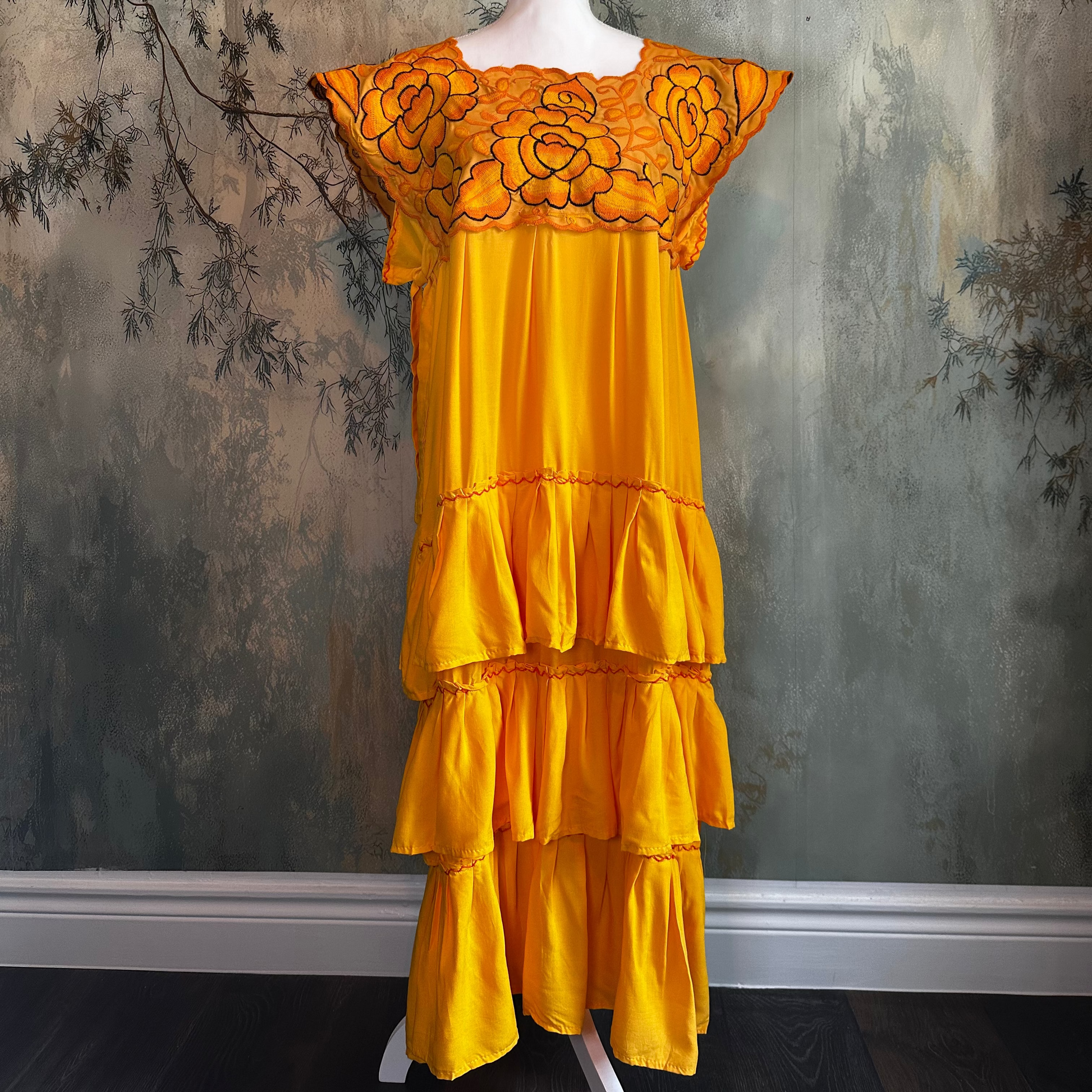 Zinacantan Embroidered Midi Rayon Dress With Tiered Ruffles Zinacantan Embroidered Midi Rayon Dress With Tiered Ruffles