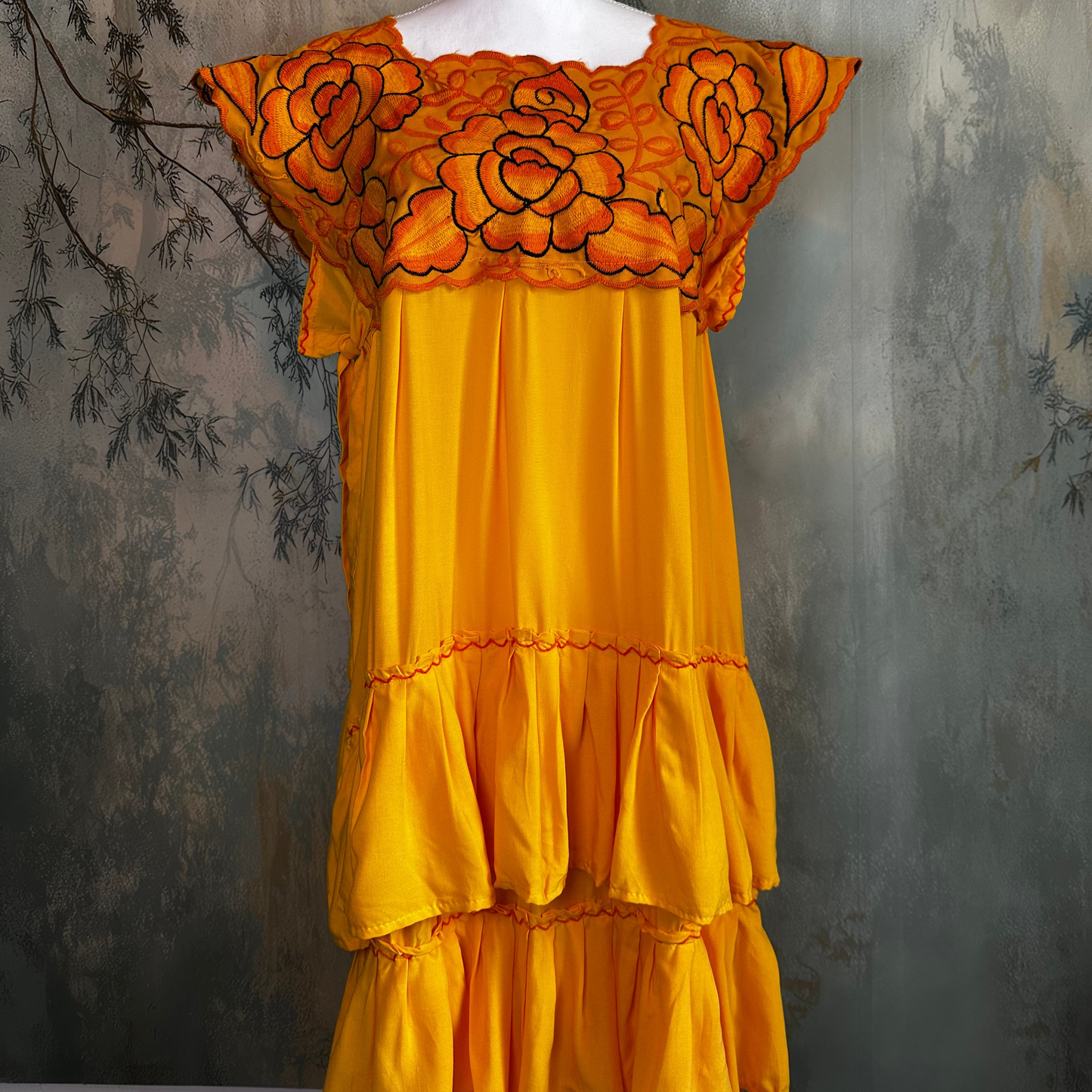 Zinacantan Embroidered Midi Rayon Dress With Tiered Ruffles Zinacantan Embroidered Midi Rayon Dress With Tiered Ruffles