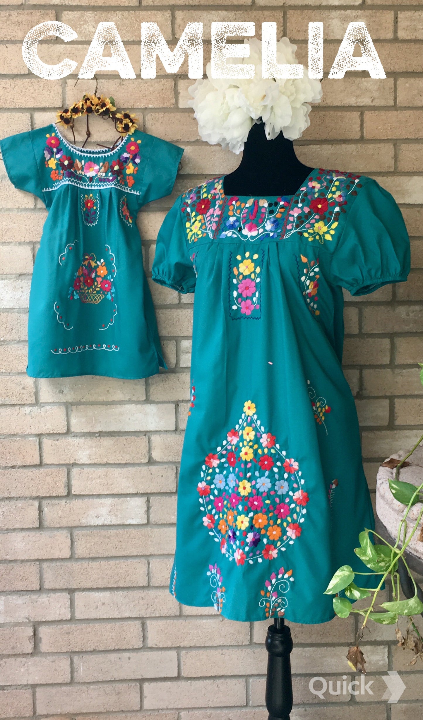 Puebla Mexican Dress Elastic Sleeve