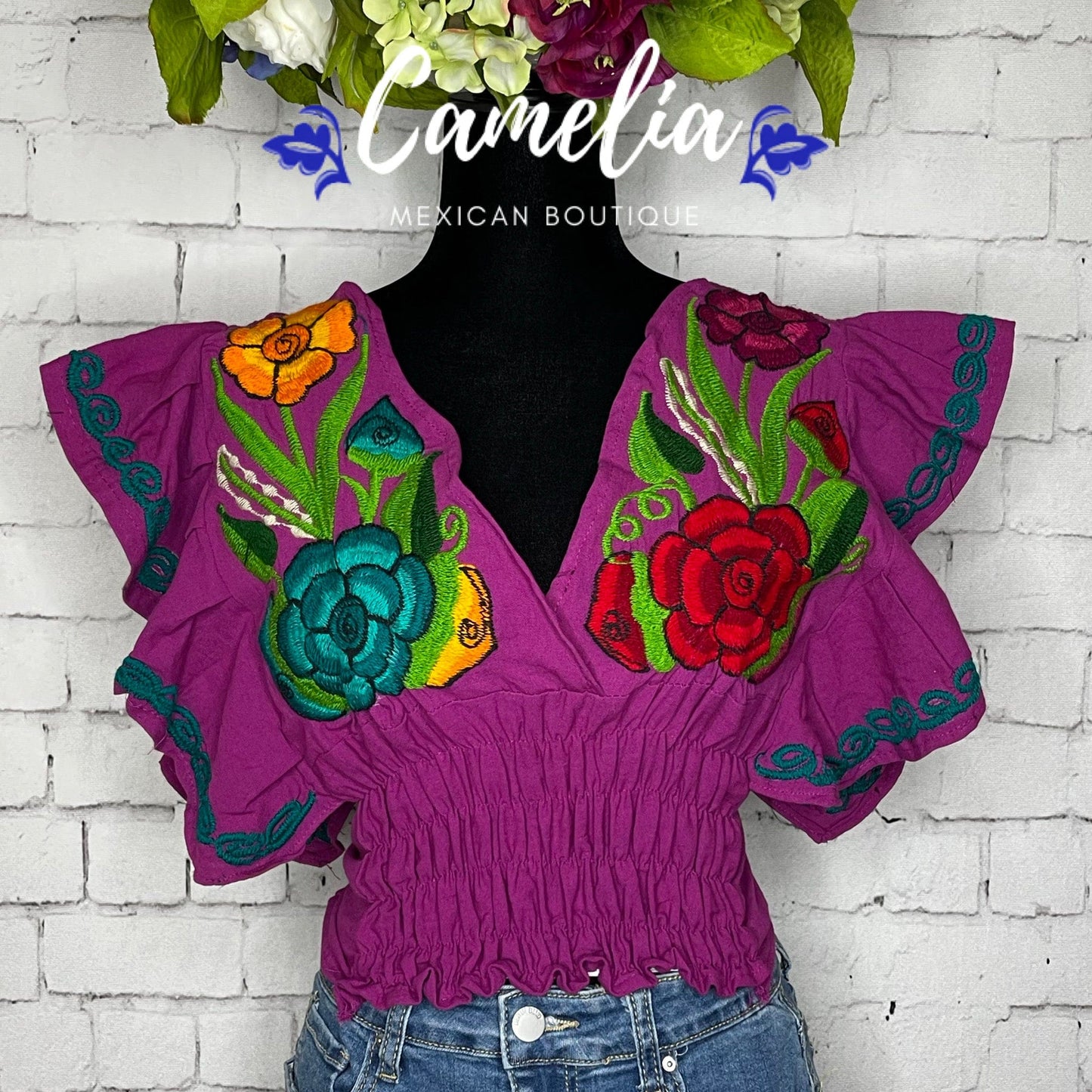 Butterfly Sleeve Mexican Crop Top Zinnia - V-Neck