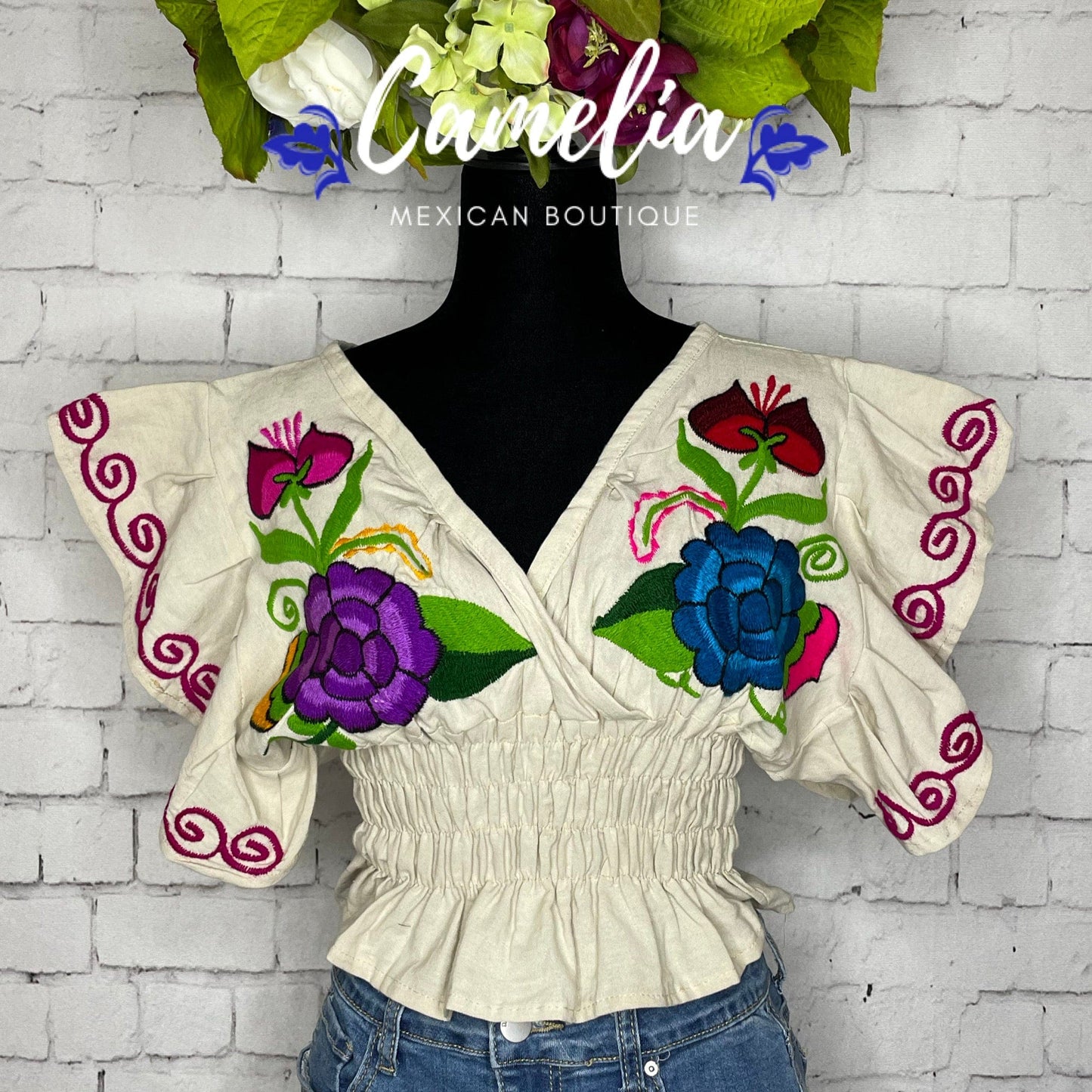 Butterfly Sleeve Mexican Crop Top Zinnia - V-Neck