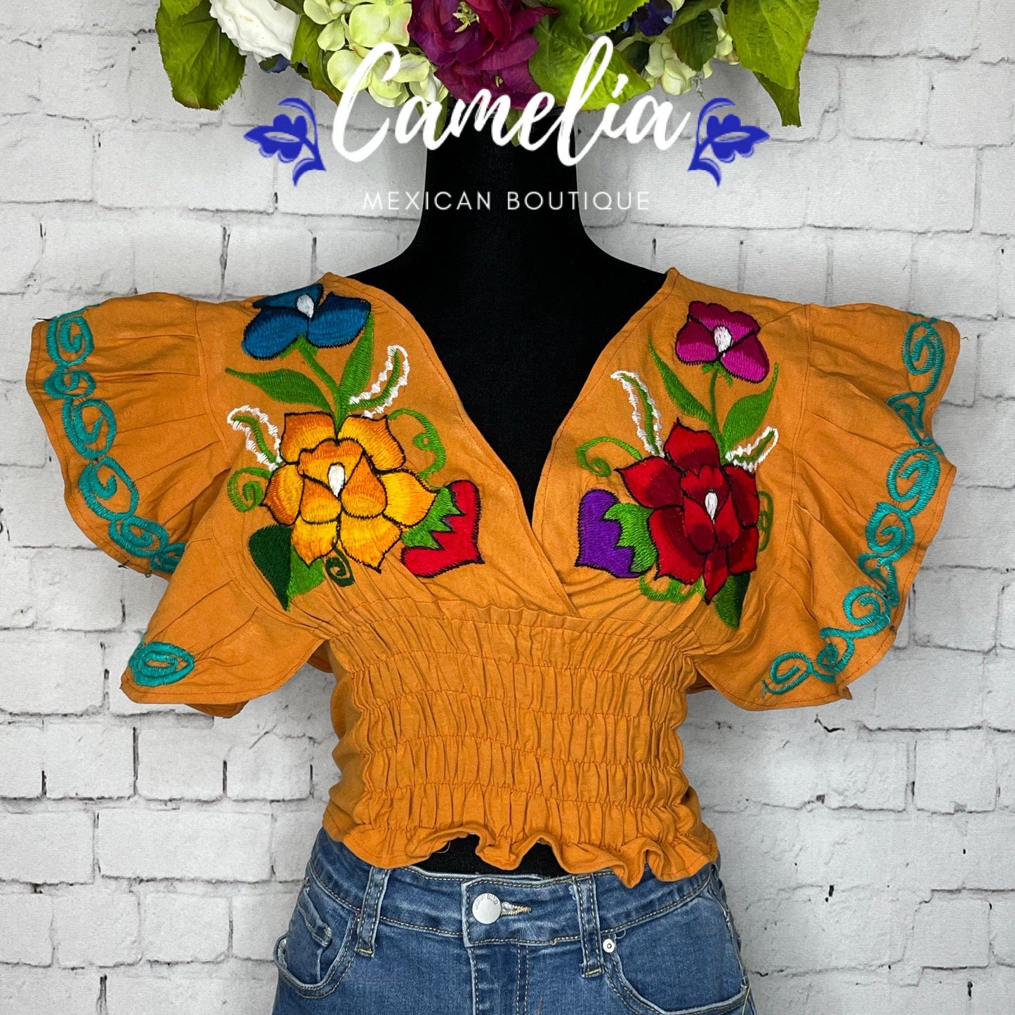 Butterfly Sleeve Mexican Crop Top Zinnia - V-Neck