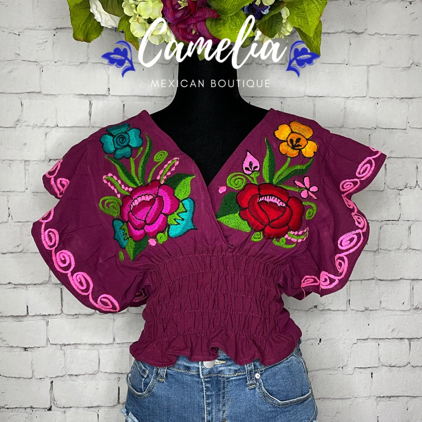 Butterfly Sleeve Mexican Crop Top Zinnia - V-Neck