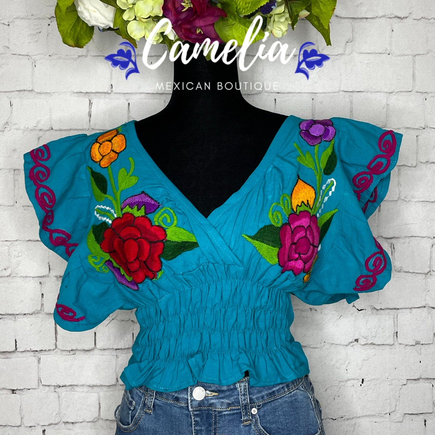 Butterfly Sleeve Mexican Crop Top Zinnia - V-Neck