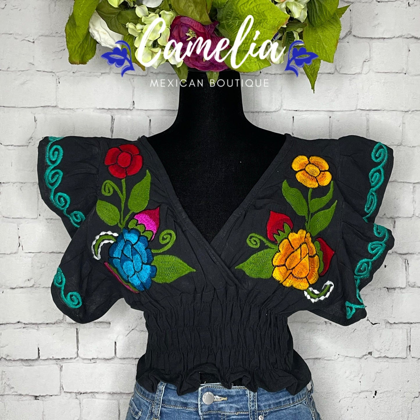 Butterfly Sleeve Mexican Crop Top Zinnia - V-Neck