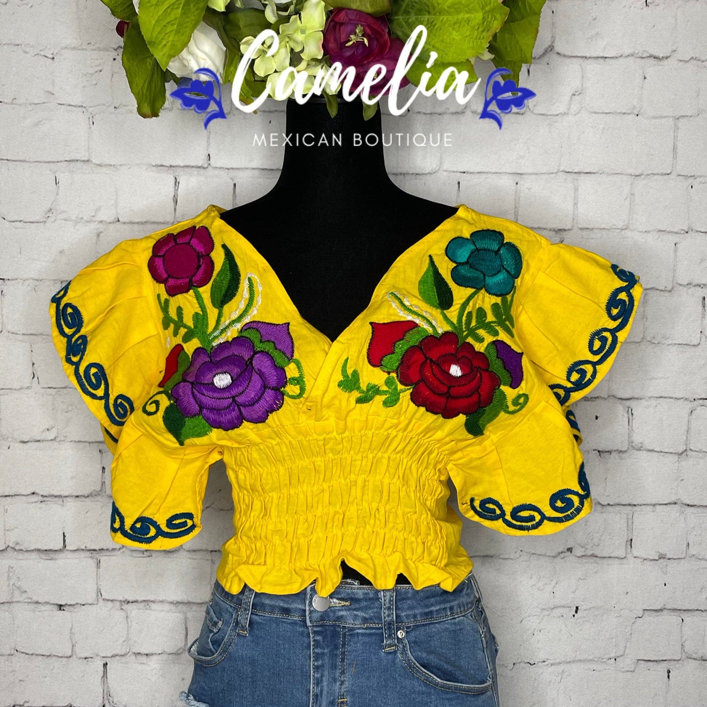 Butterfly Sleeve Mexican Crop Top Zinnia - V-Neck