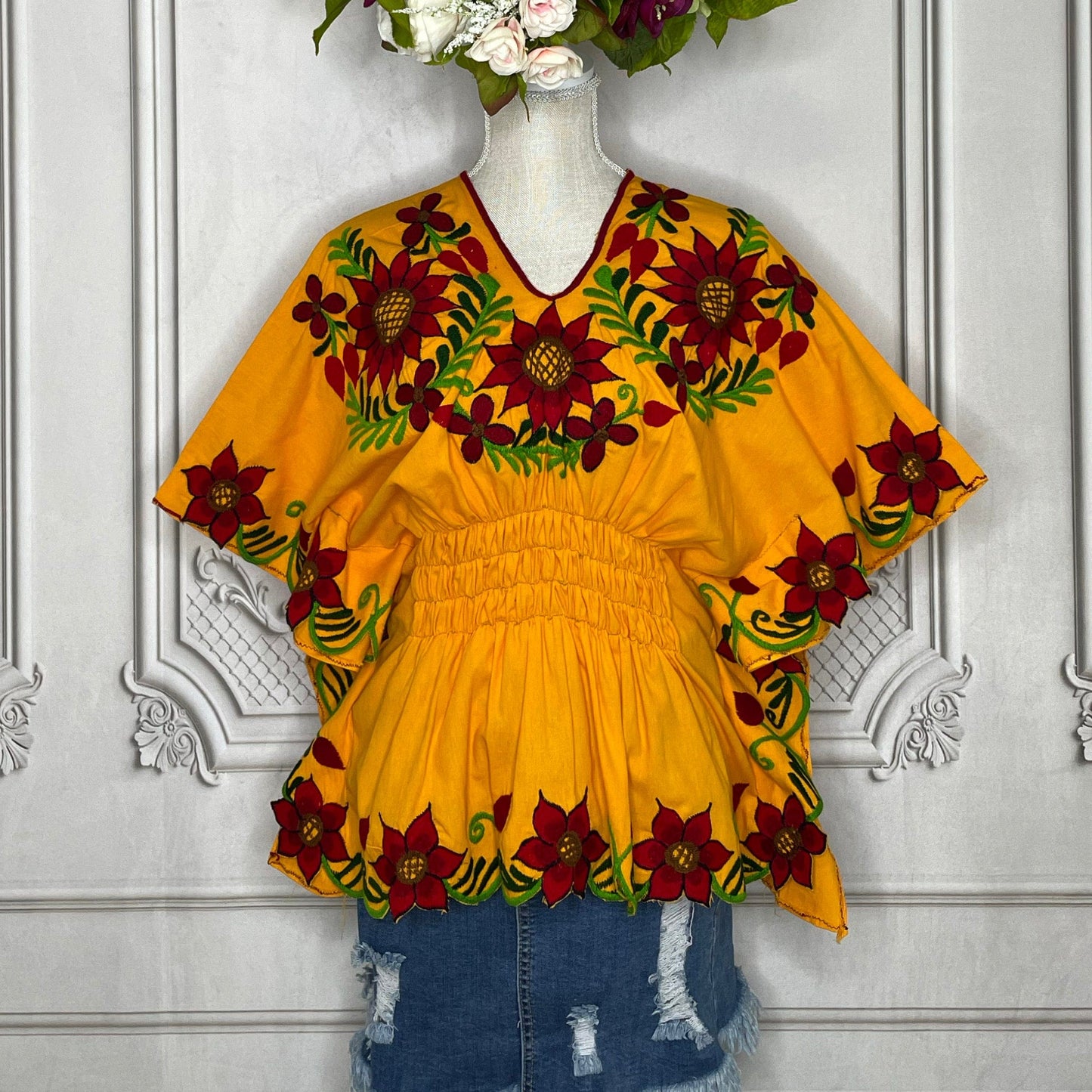 Butterfly Sleeve Peplum Blouse - Sunflowers